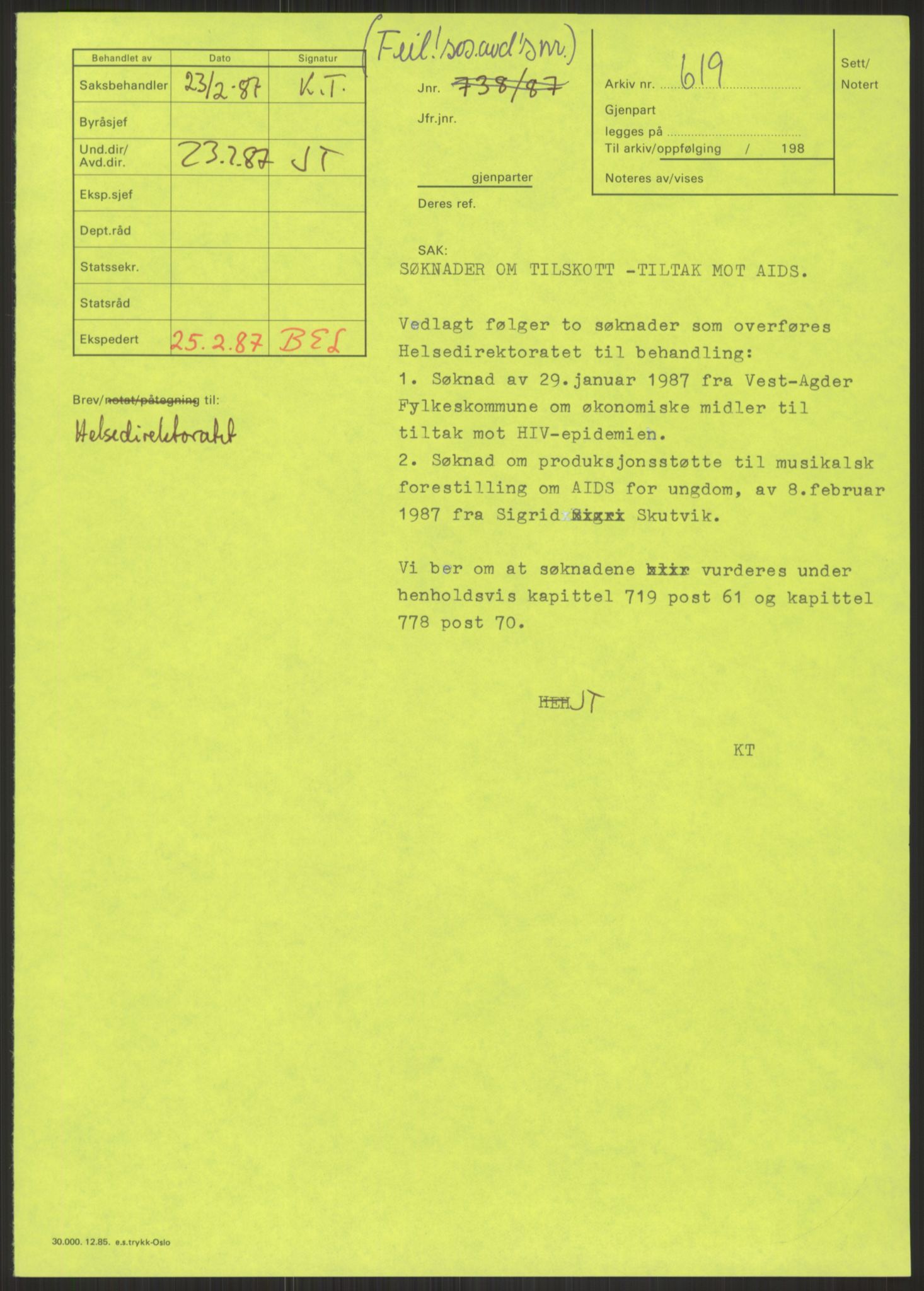 Sosialdepartementet, Administrasjons-, trygde-, plan- og helseavdelingen, RA/S-6179/D/L2240/0004: -- / 619 Diverse. HIV/AIDS, 1987, p. 11