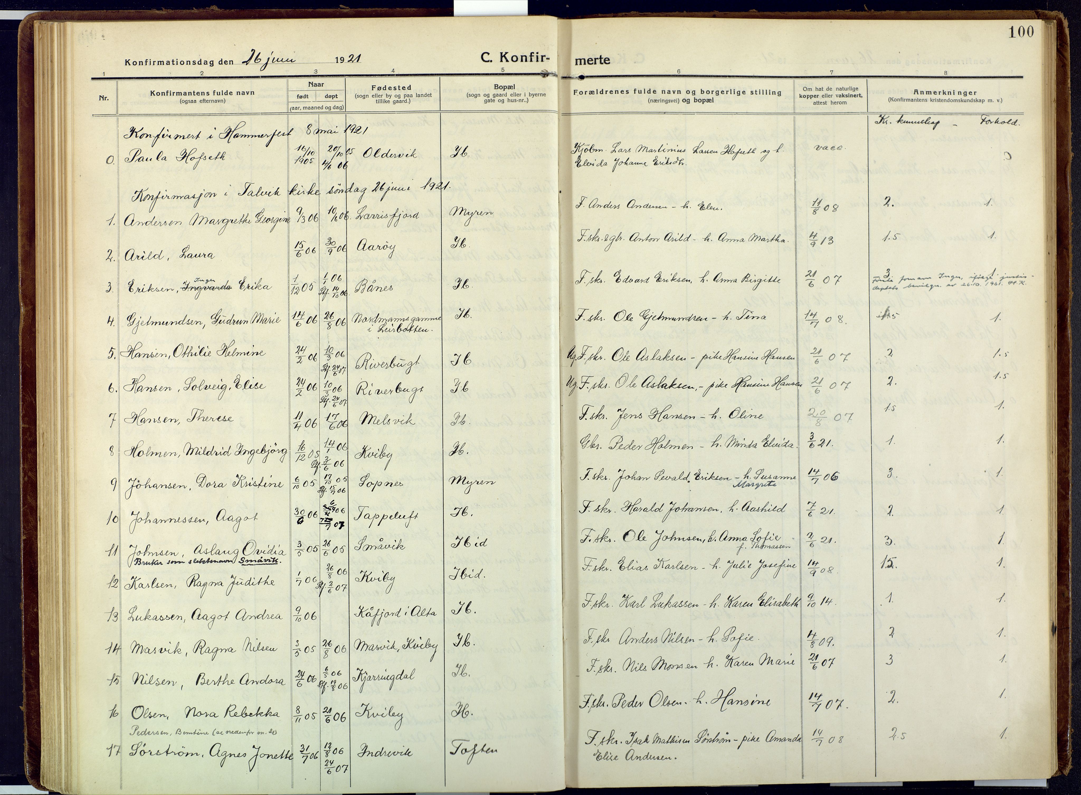 Talvik sokneprestkontor, SATØ/S-1337/H/Ha/L0018kirke: Parish register (official) no. 18, 1915-1924, p. 100