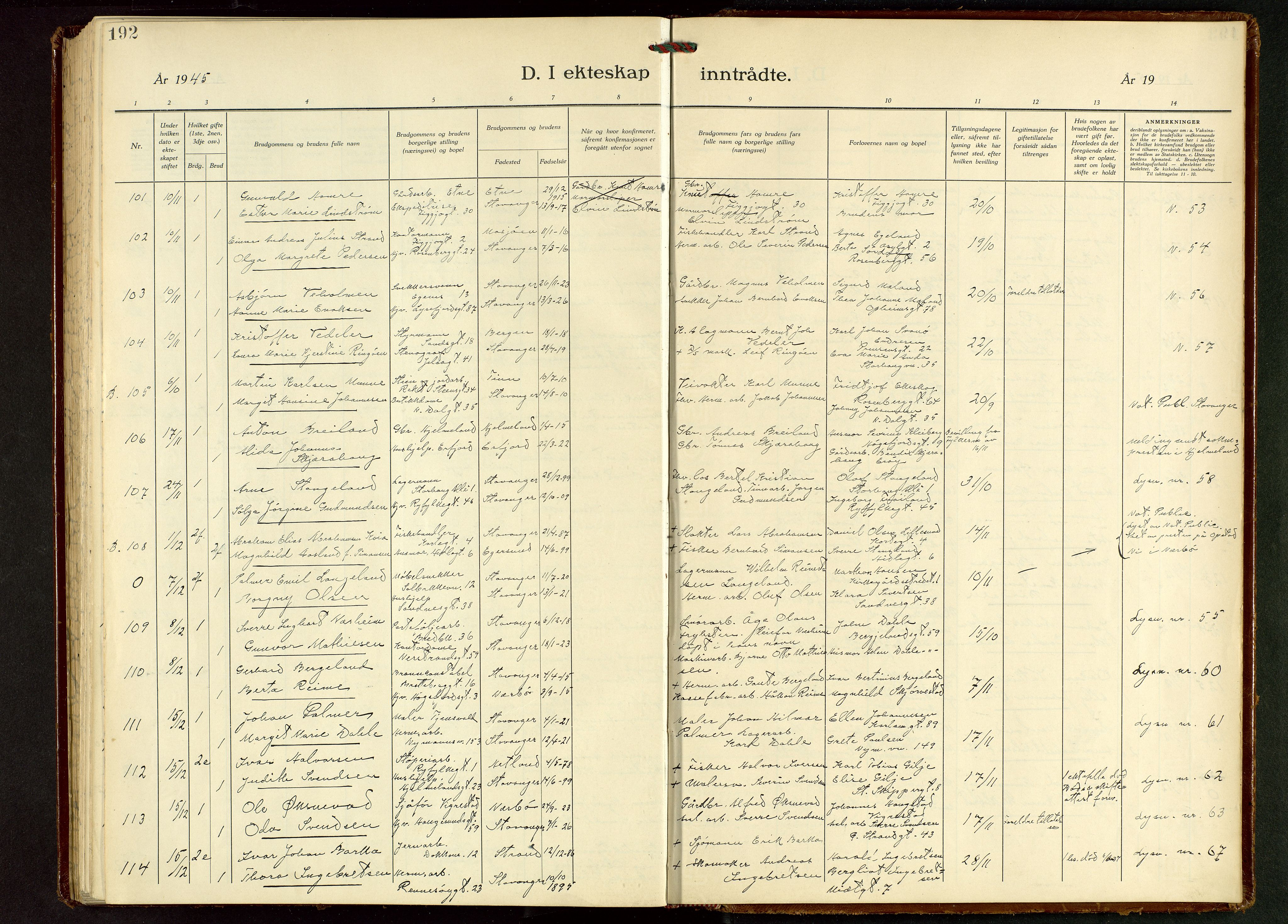 St. Johannes sokneprestkontor, AV/SAST-A-101814/001/30/30BB/L0010: Parish register (copy) no. B 10, 1933-1946, p. 192