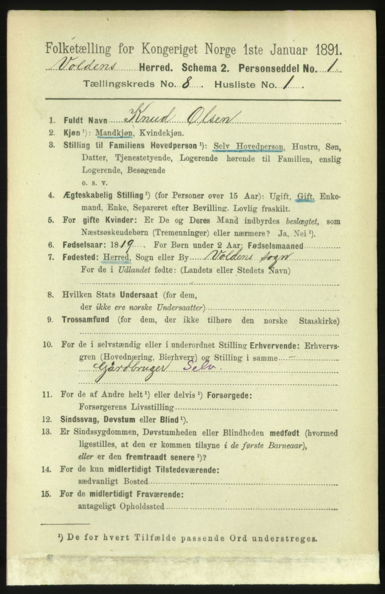 RA, 1891 census for 1519 Volda, 1891, p. 3826