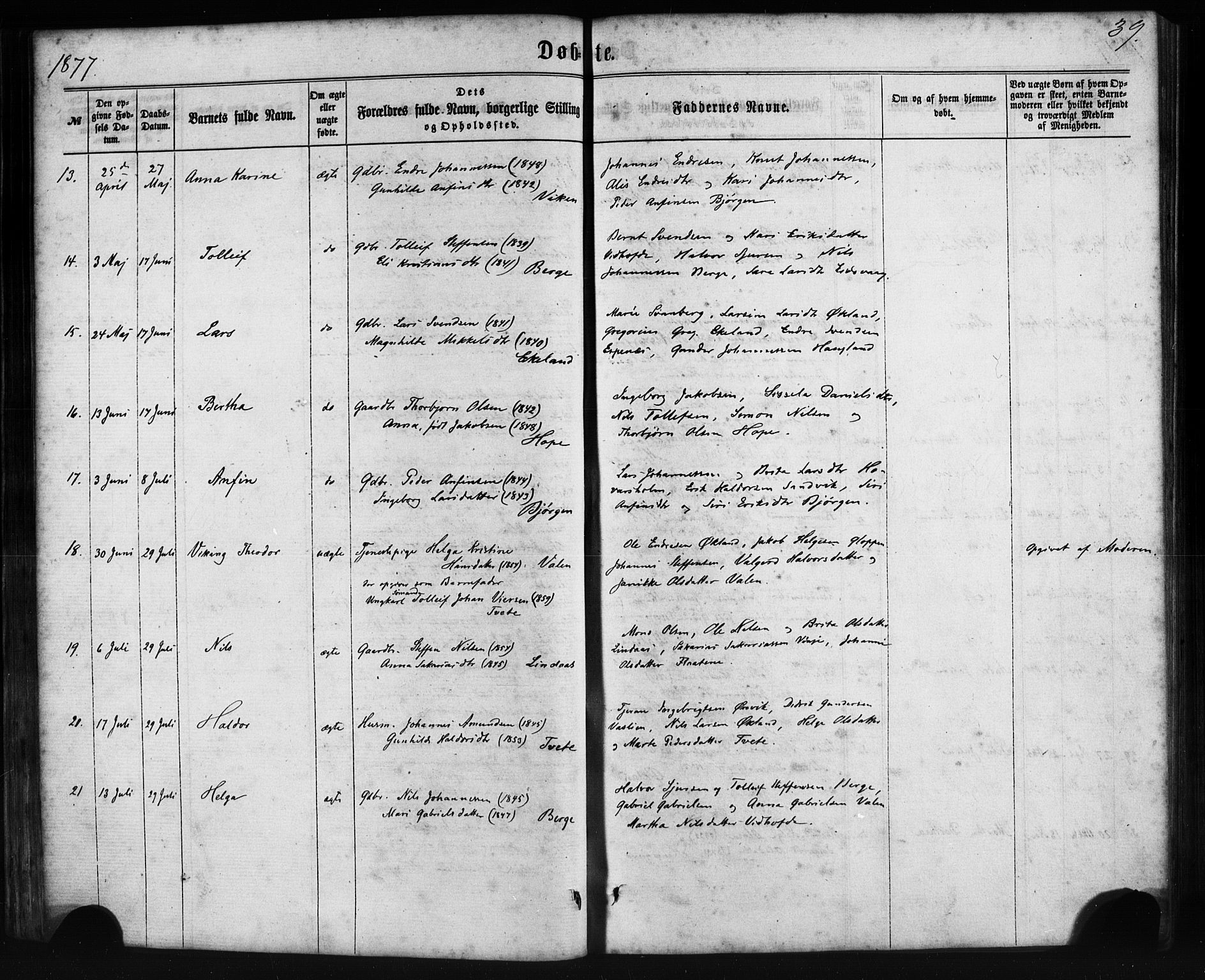 Sveio Sokneprestembete, AV/SAB-A-78501/H/Haa: Parish register (official) no. C 1, 1862-1880, p. 39