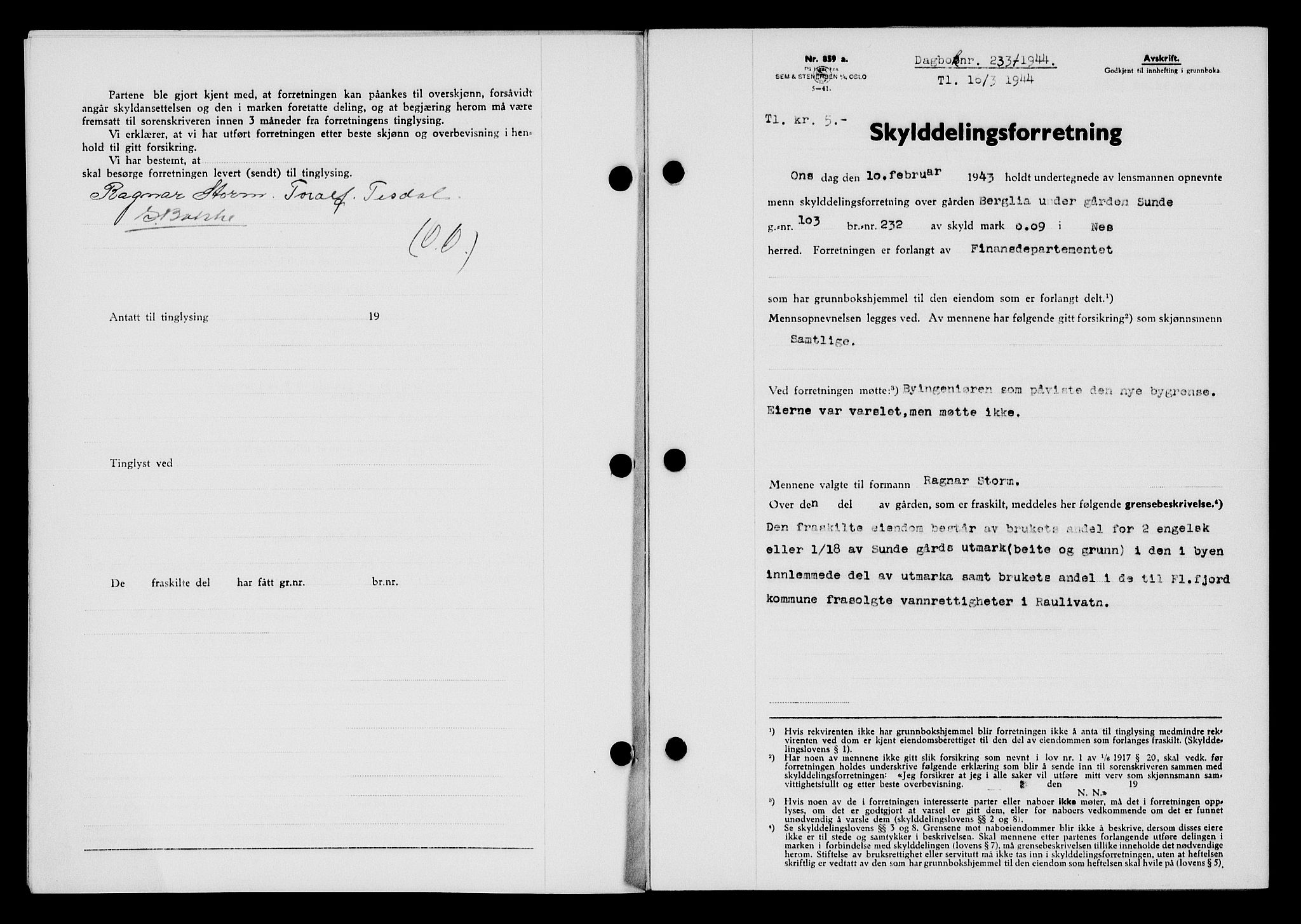 Flekkefjord sorenskriveri, SAK/1221-0001/G/Gb/Gba/L0059: Mortgage book no. A-7, 1944-1945, Diary no: : 233/1944