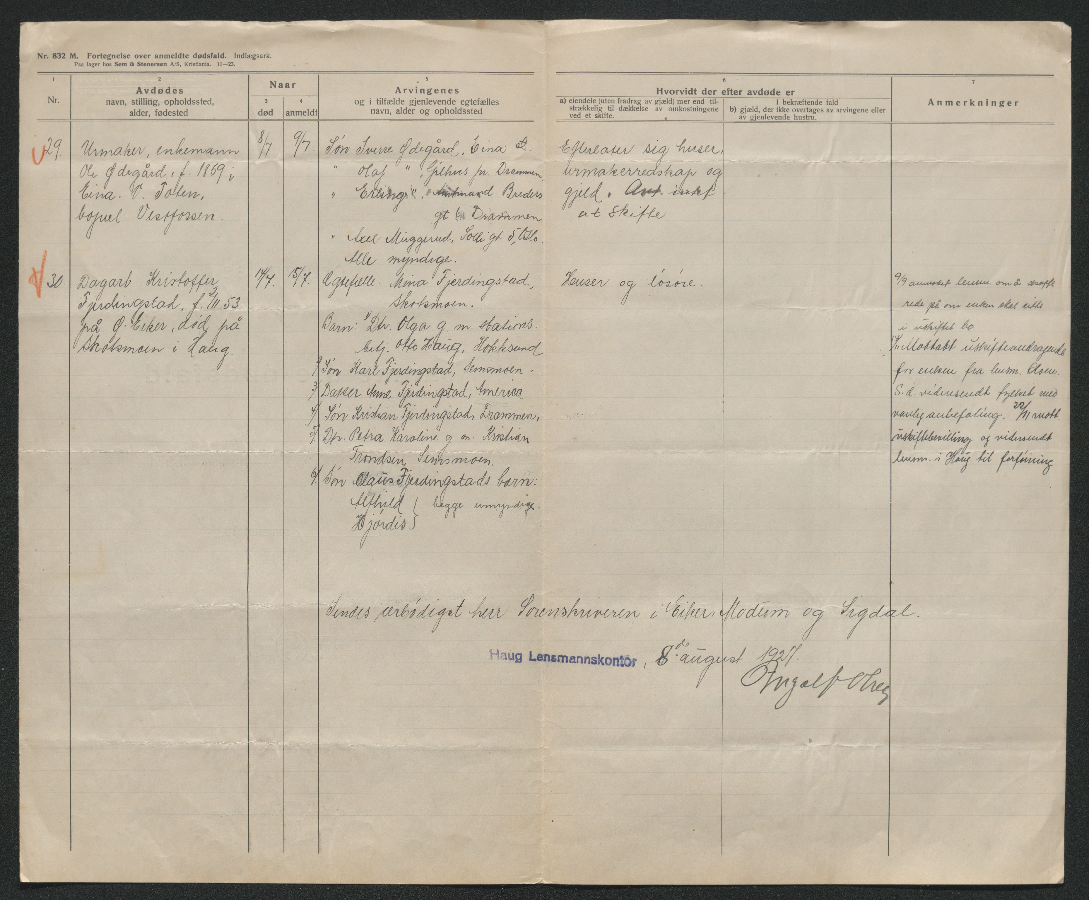 Eiker, Modum og Sigdal sorenskriveri, AV/SAKO-A-123/H/Ha/Hab/L0044: Dødsfallsmeldinger, 1926-1927, p. 888