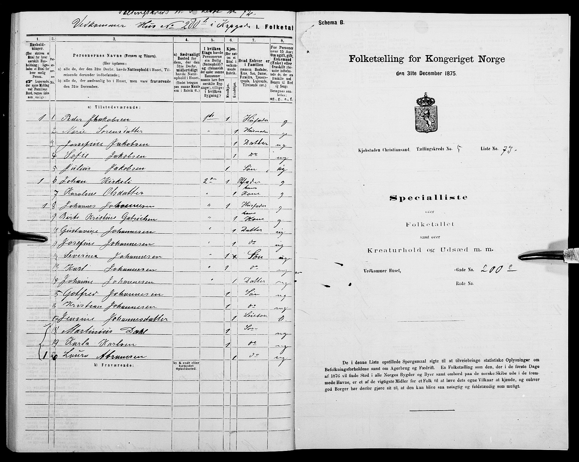 SAK, 1875 census for 1001P Kristiansand, 1875, p. 747