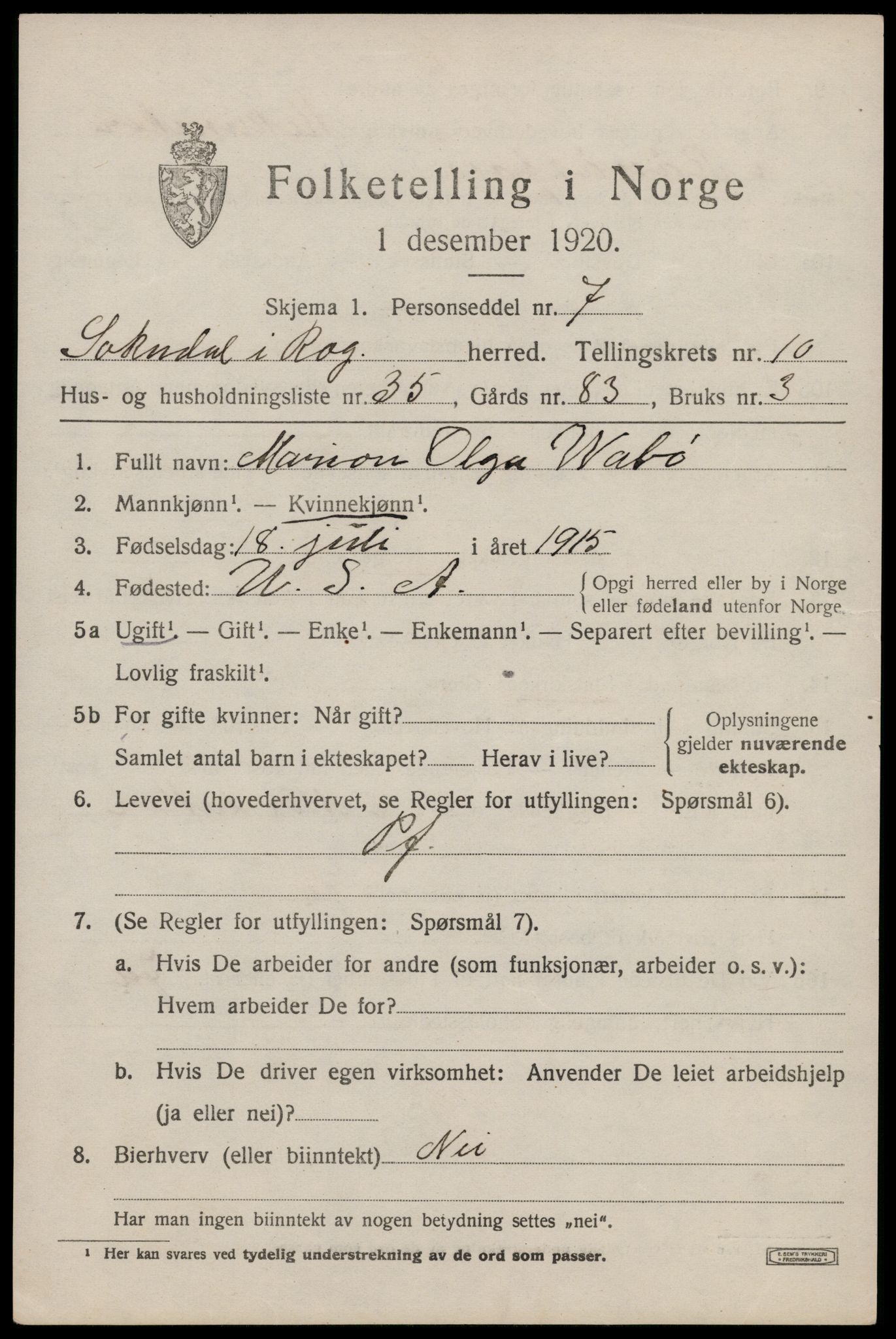 SAST, 1920 census for Sokndal, 1920, p. 6025