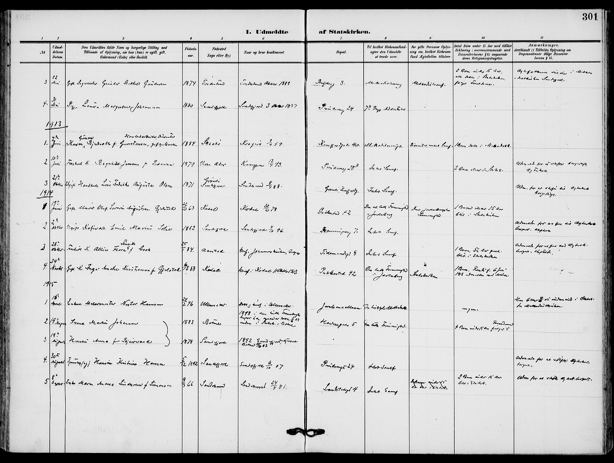 Sandefjord kirkebøker, AV/SAKO-A-315/F/Fa/L0005: Parish register (official) no. 5, 1906-1915, p. 301