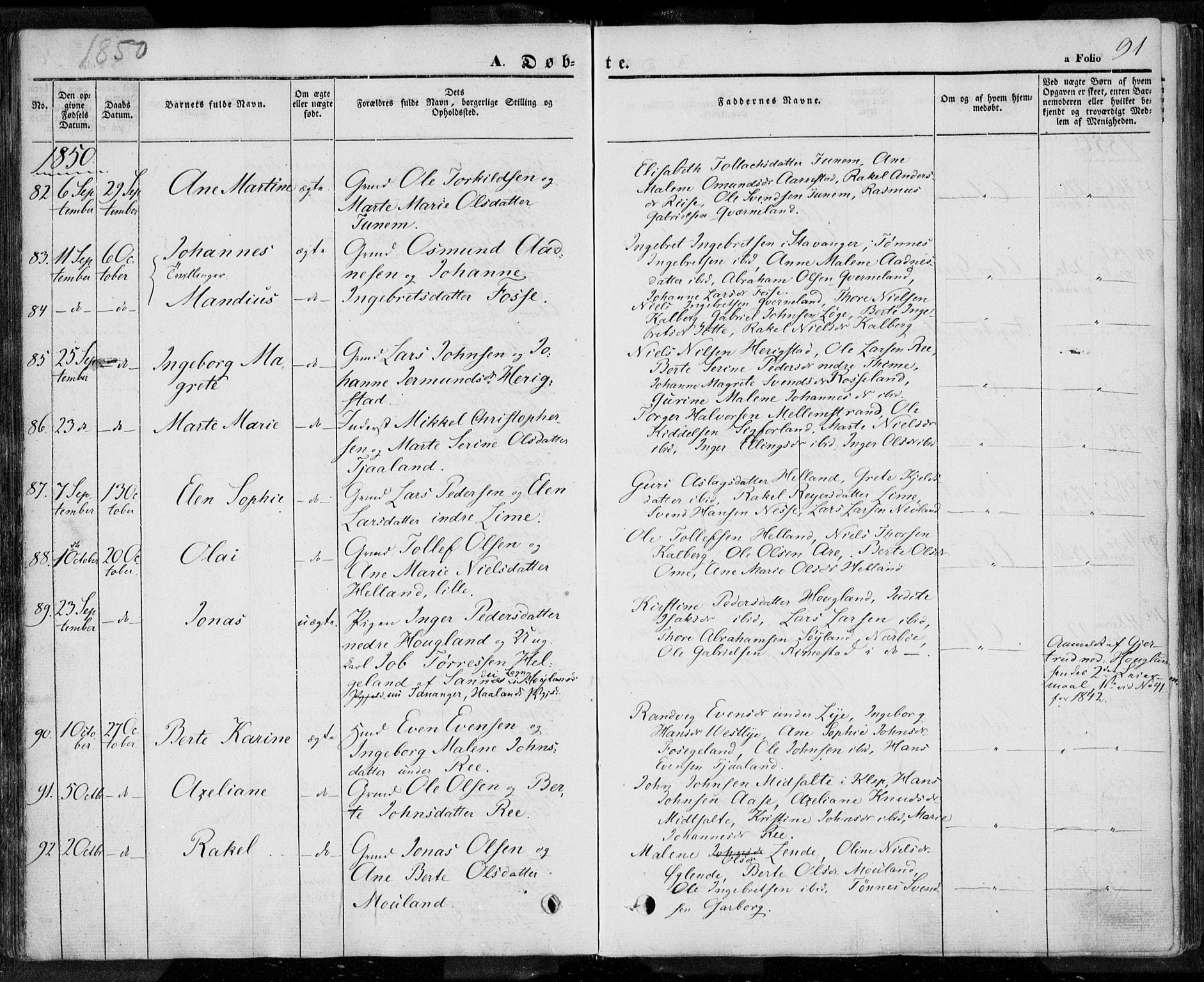 Lye sokneprestkontor, AV/SAST-A-101794/001/30BA/L0005: Parish register (official) no. A 5.1, 1842-1855, p. 91