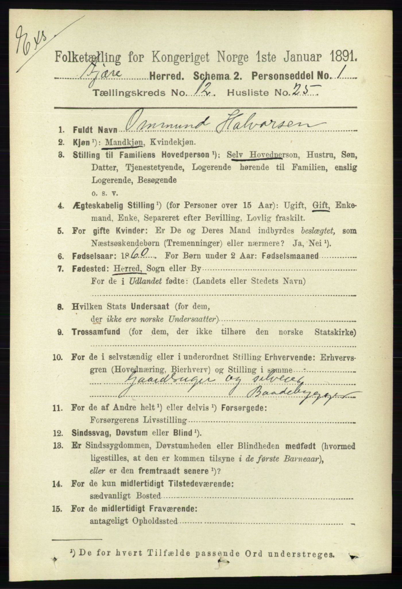 RA, Census 1891 for Nedenes amt: Gjenparter av personsedler for beslektede ektefeller, menn, 1891, p. 749