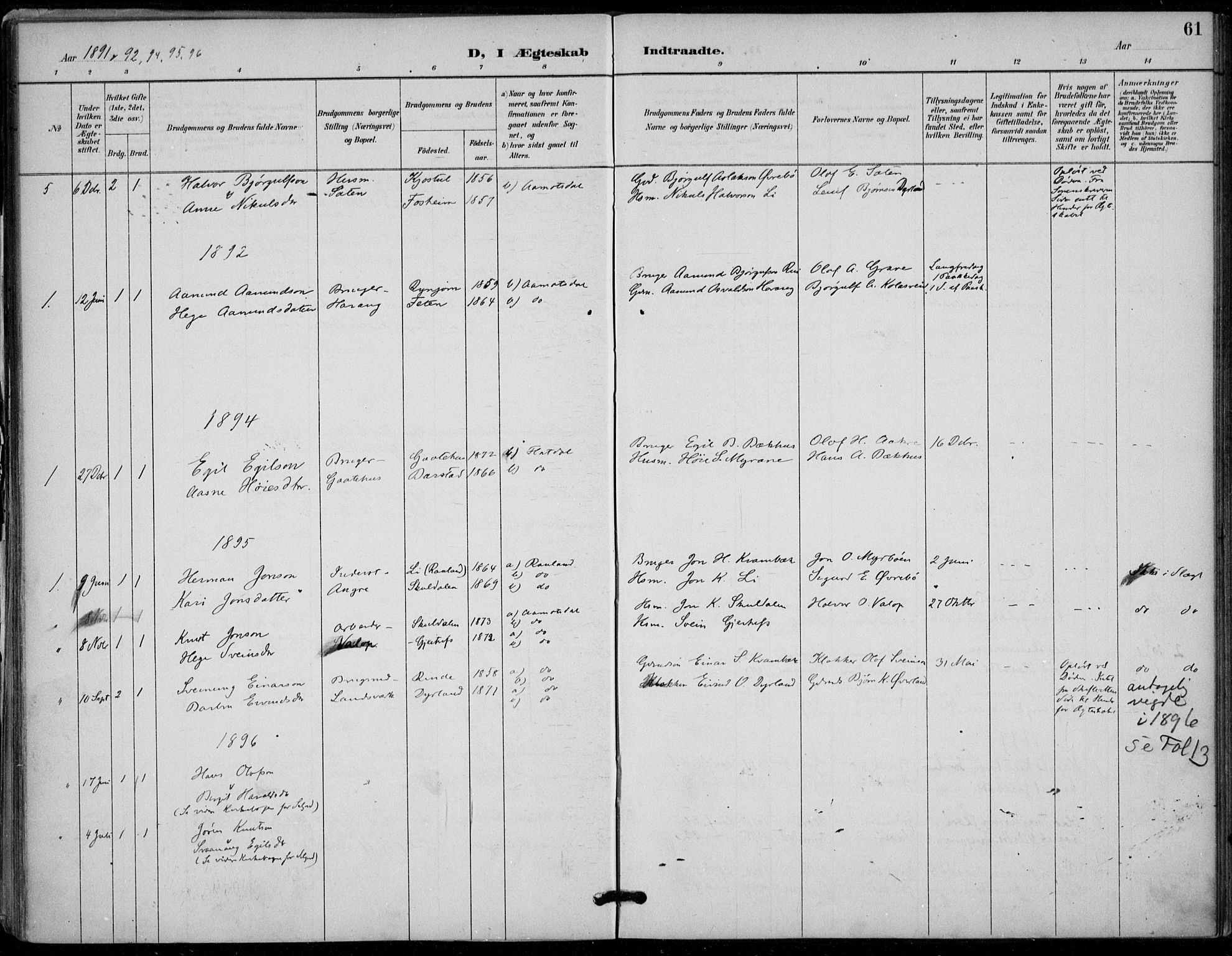 Seljord kirkebøker, AV/SAKO-A-20/F/Fc/L0002: Parish register (official) no. III 2, 1887-1920, p. 61