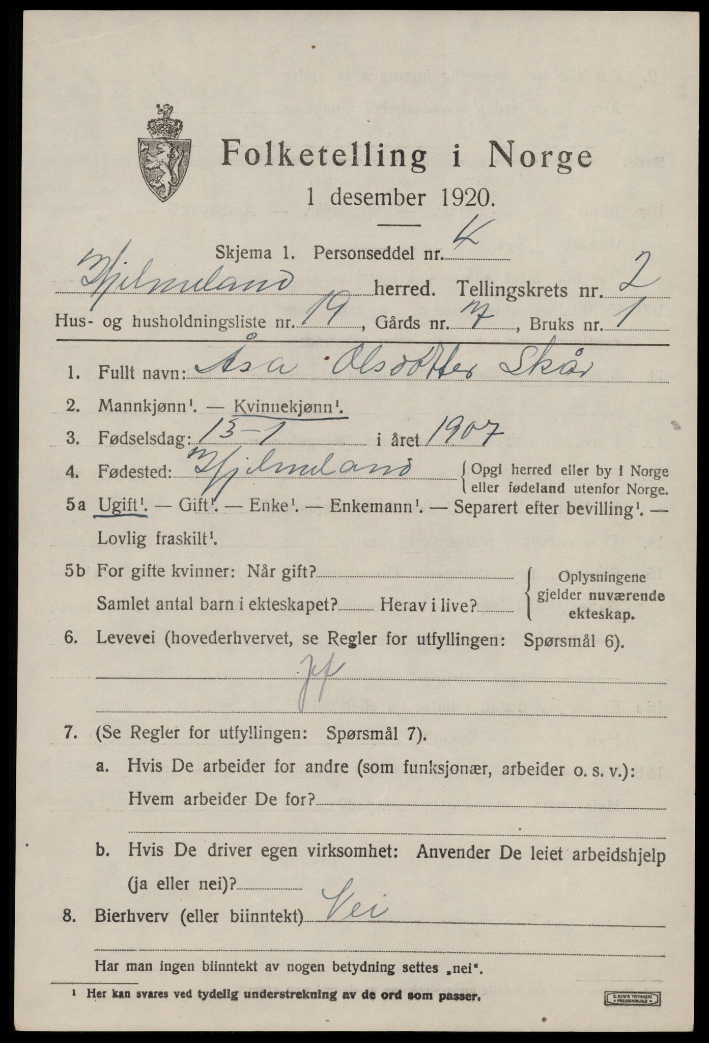 SAST, 1920 census for Hjelmeland, 1920, p. 1257