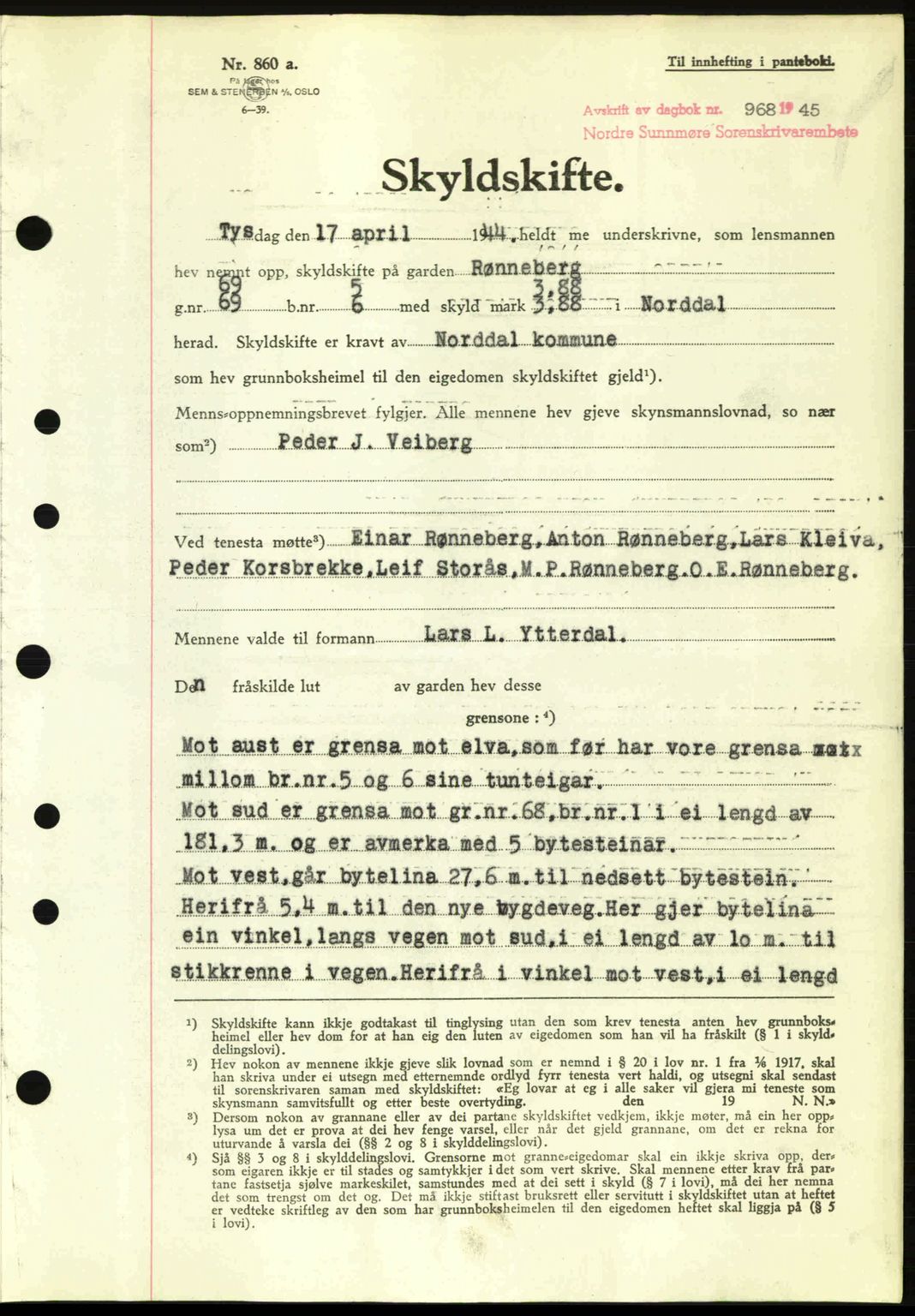 Nordre Sunnmøre sorenskriveri, AV/SAT-A-0006/1/2/2C/2Ca: Mortgage book no. A20a, 1945-1945, Diary no: : 968/1945