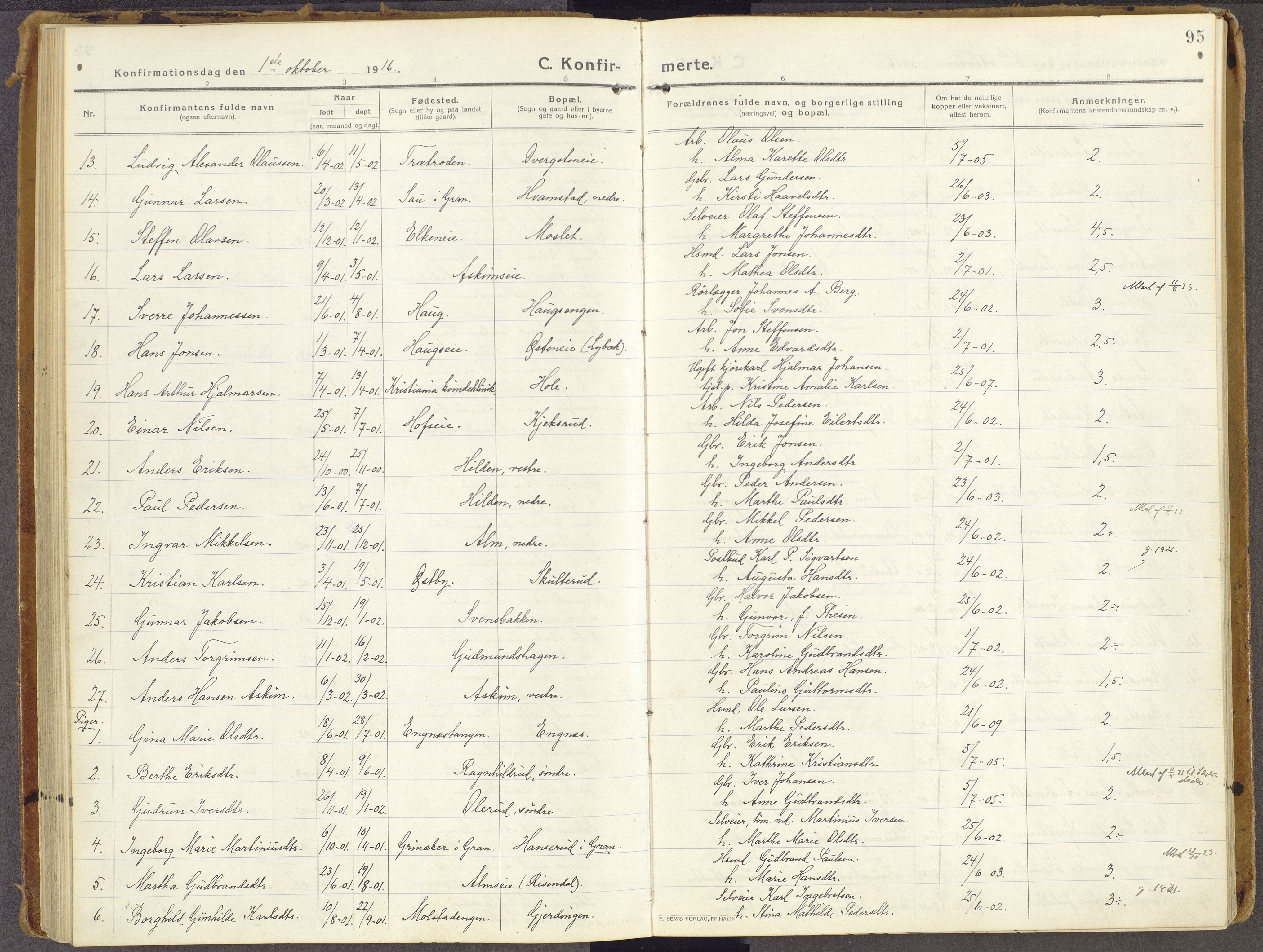Brandbu prestekontor, SAH/PREST-114/H/Ha/Haa/L0003: Parish register (official) no. 3, 1914-1928, p. 95