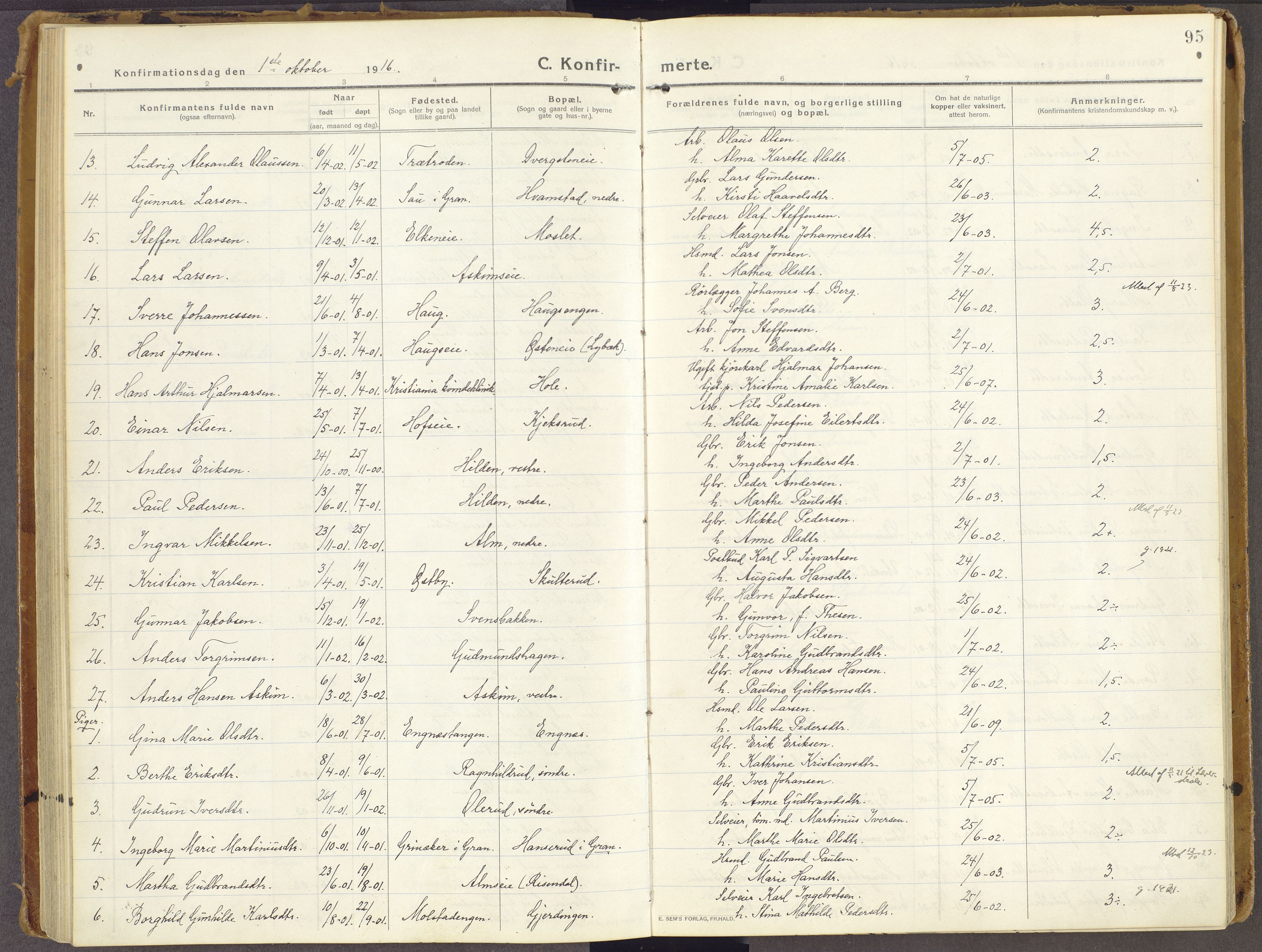 Brandbu prestekontor, AV/SAH-PREST-114/H/Ha/Haa/L0003: Parish register (official) no. 3, 1914-1928, p. 95