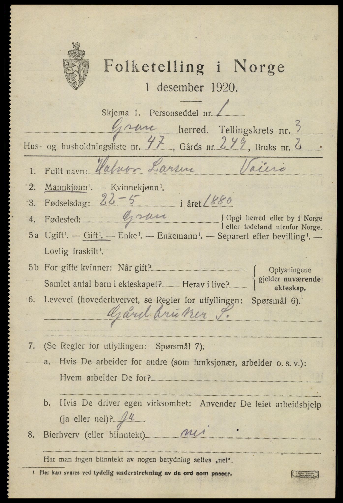 SAH, 1920 census for Gran, 1920, p. 5756