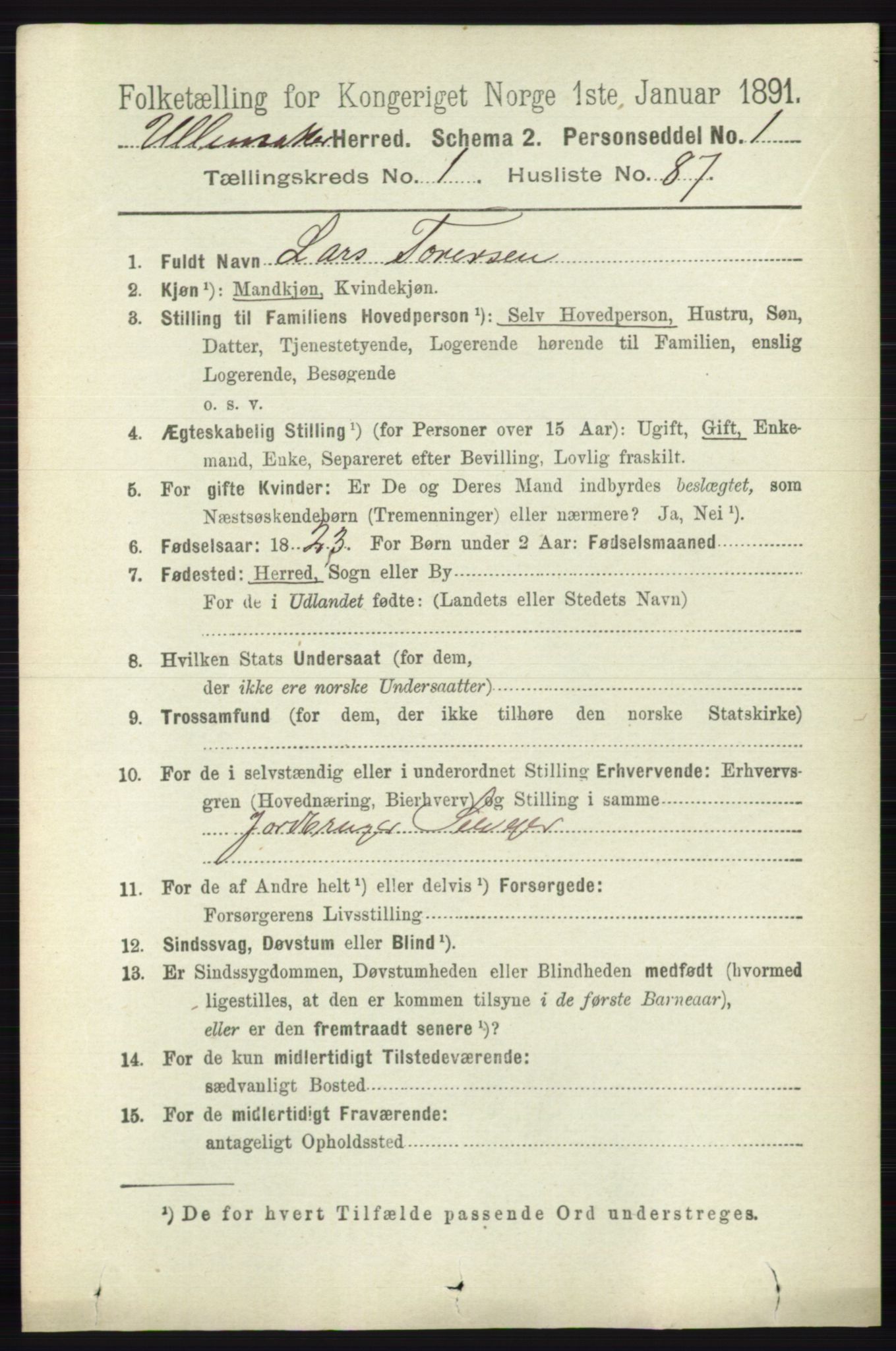 RA, 1891 census for 0235 Ullensaker, 1891, p. 626