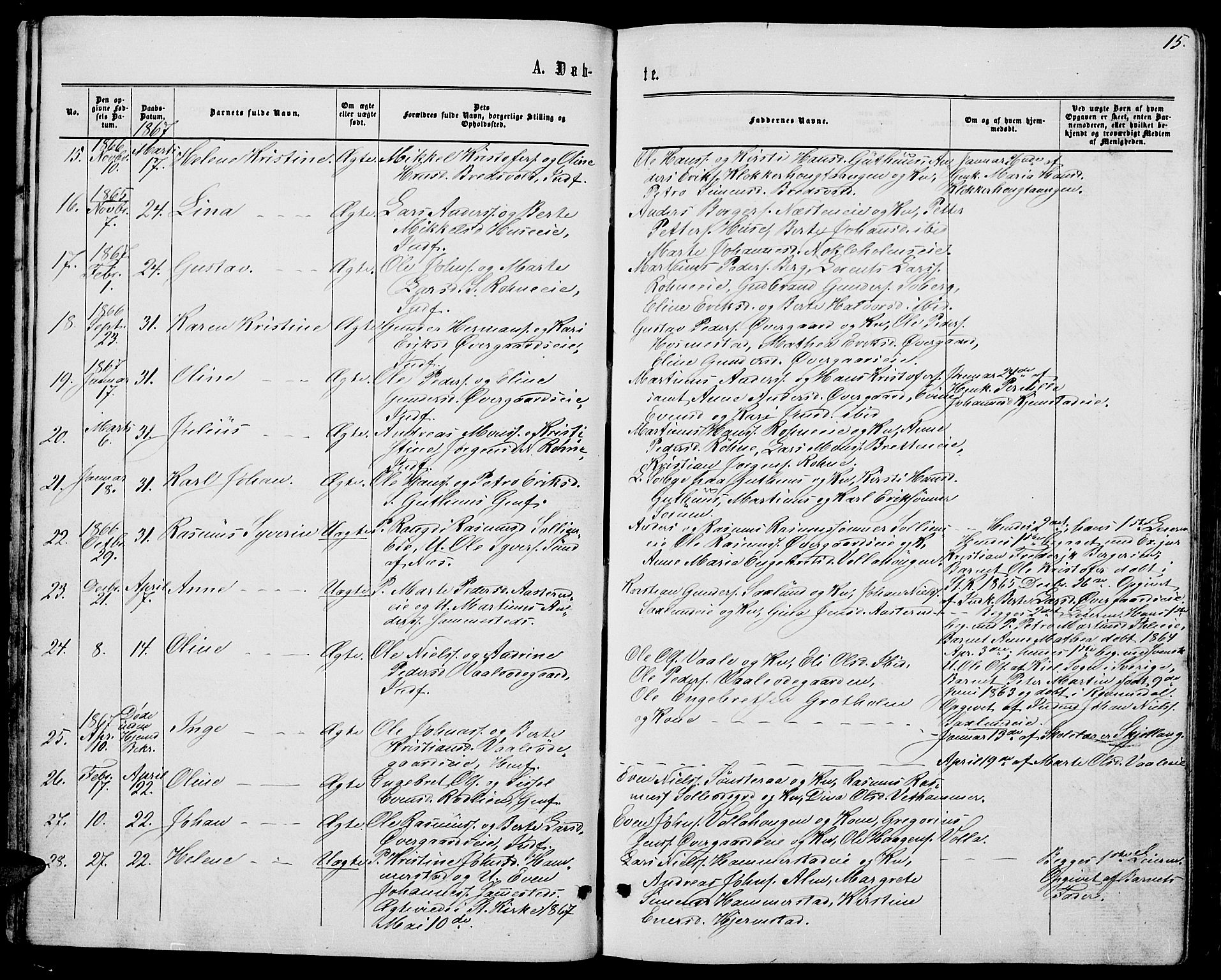 Stange prestekontor, AV/SAH-PREST-002/L/L0006: Parish register (copy) no. 6, 1864-1882, p. 15