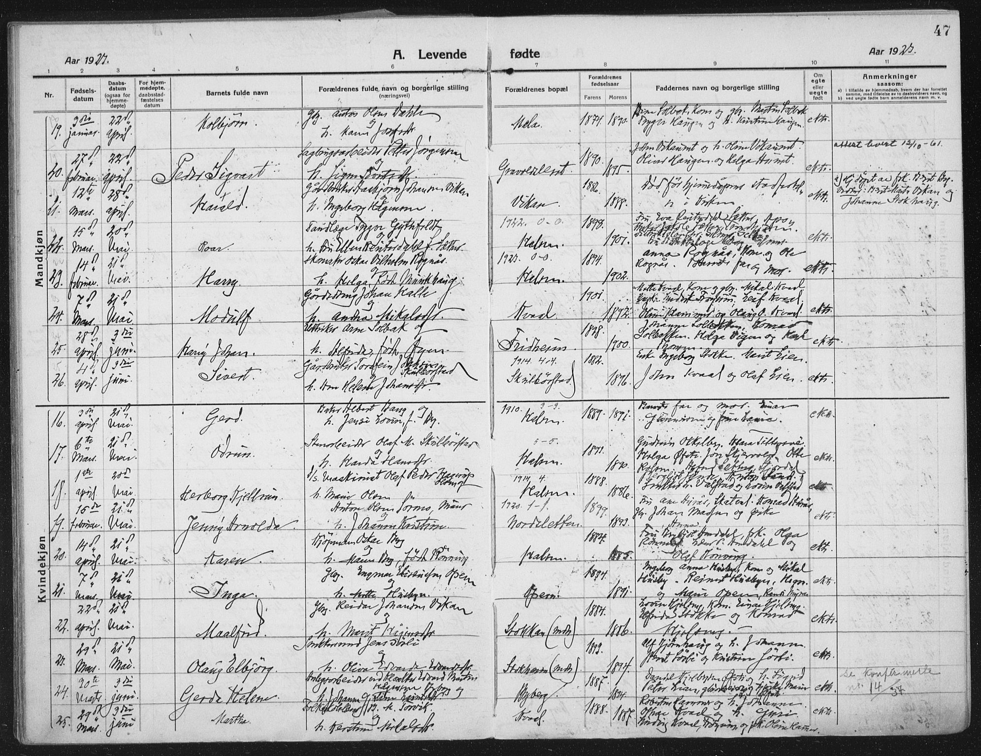 Ministerialprotokoller, klokkerbøker og fødselsregistre - Nord-Trøndelag, AV/SAT-A-1458/709/L0083: Parish register (official) no. 709A23, 1916-1928, p. 47