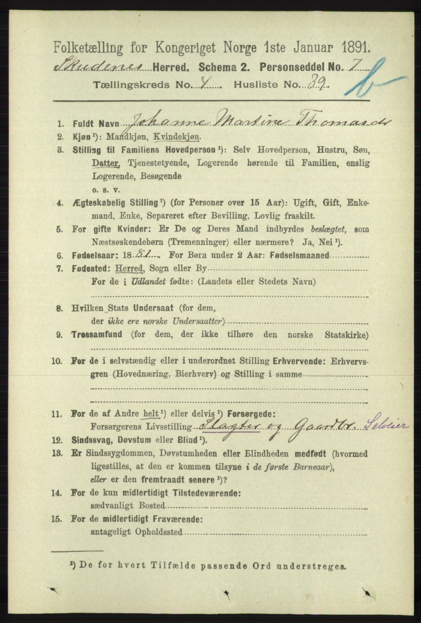 RA, 1891 census for 1150 Skudenes, 1891, p. 4751