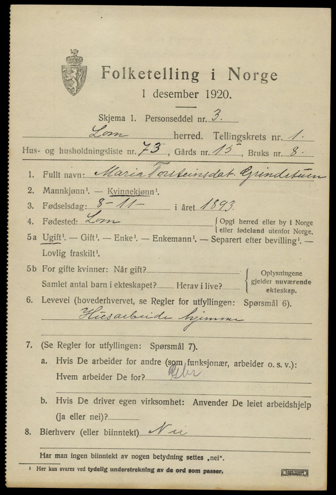 SAH, 1920 census for Lom, 1920, p. 1770