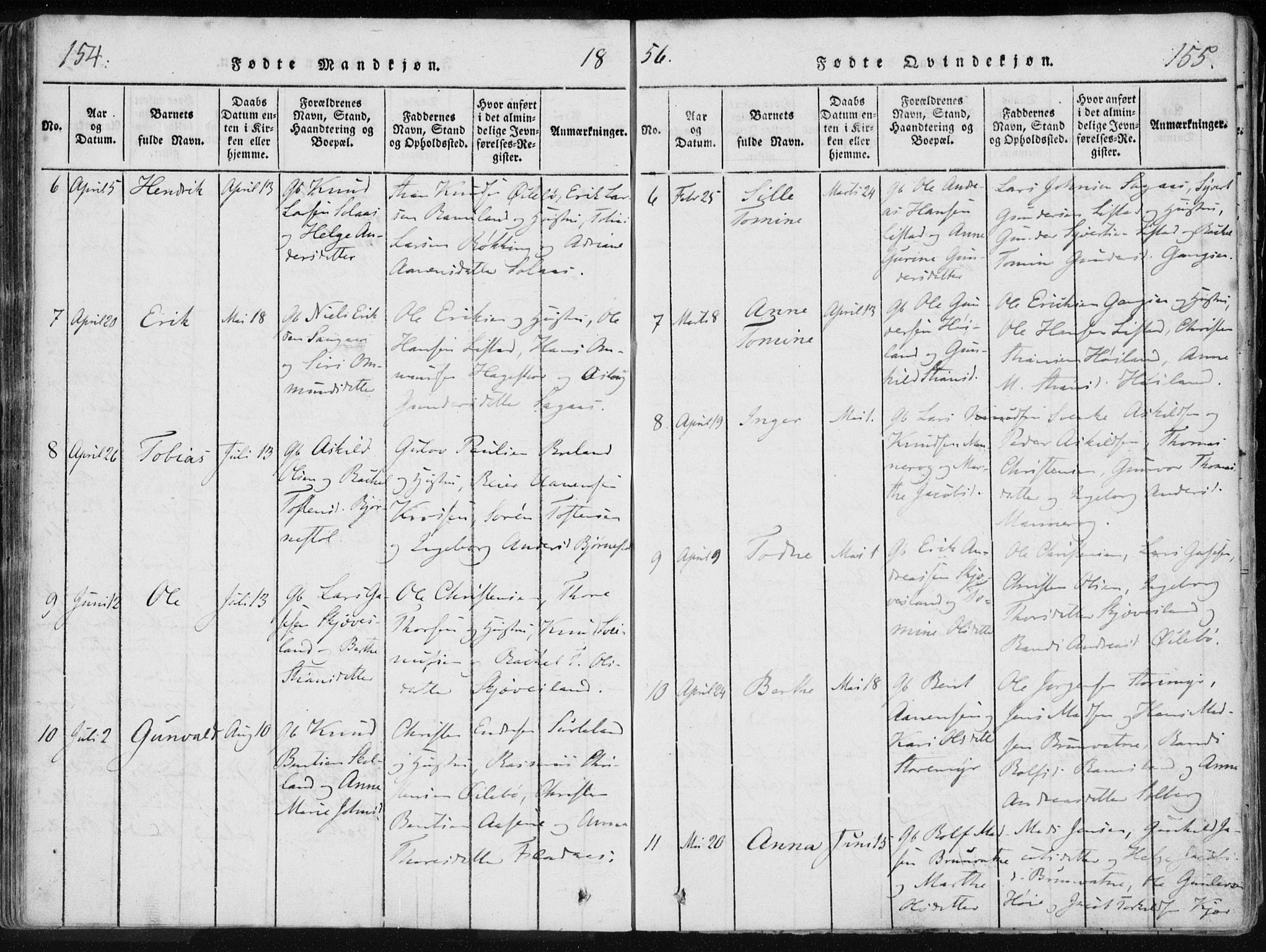 Holum sokneprestkontor, AV/SAK-1111-0022/F/Fa/Fac/L0002: Parish register (official) no. A 2, 1821-1859, p. 154-155