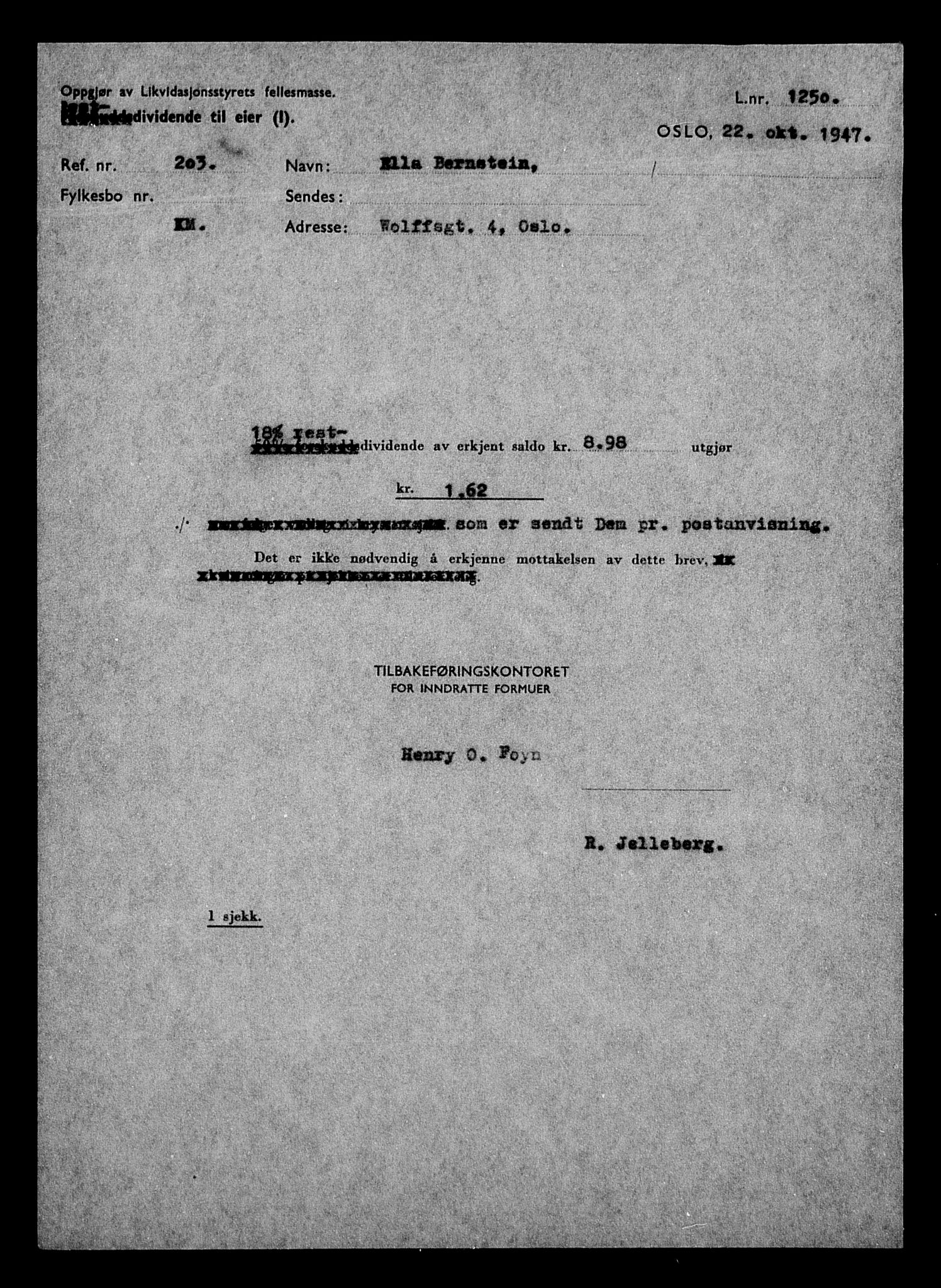 Justisdepartementet, Tilbakeføringskontoret for inndratte formuer, AV/RA-S-1564/H/Hc/Hcc/L0922: --, 1945-1947, p. 4