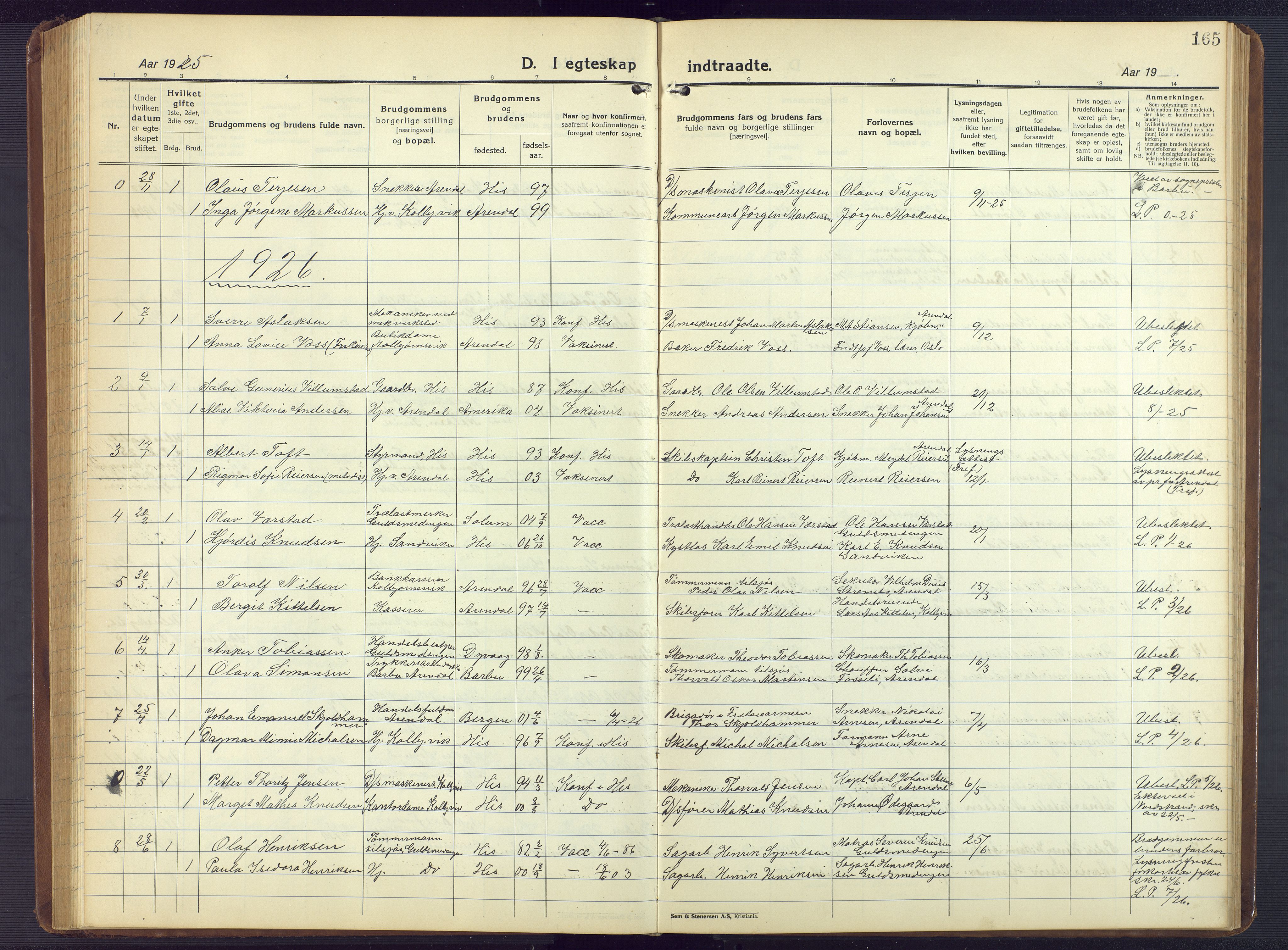 Hisøy sokneprestkontor, SAK/1111-0020/F/Fb/L0005: Parish register (copy) no. B 5, 1924-1946, p. 165