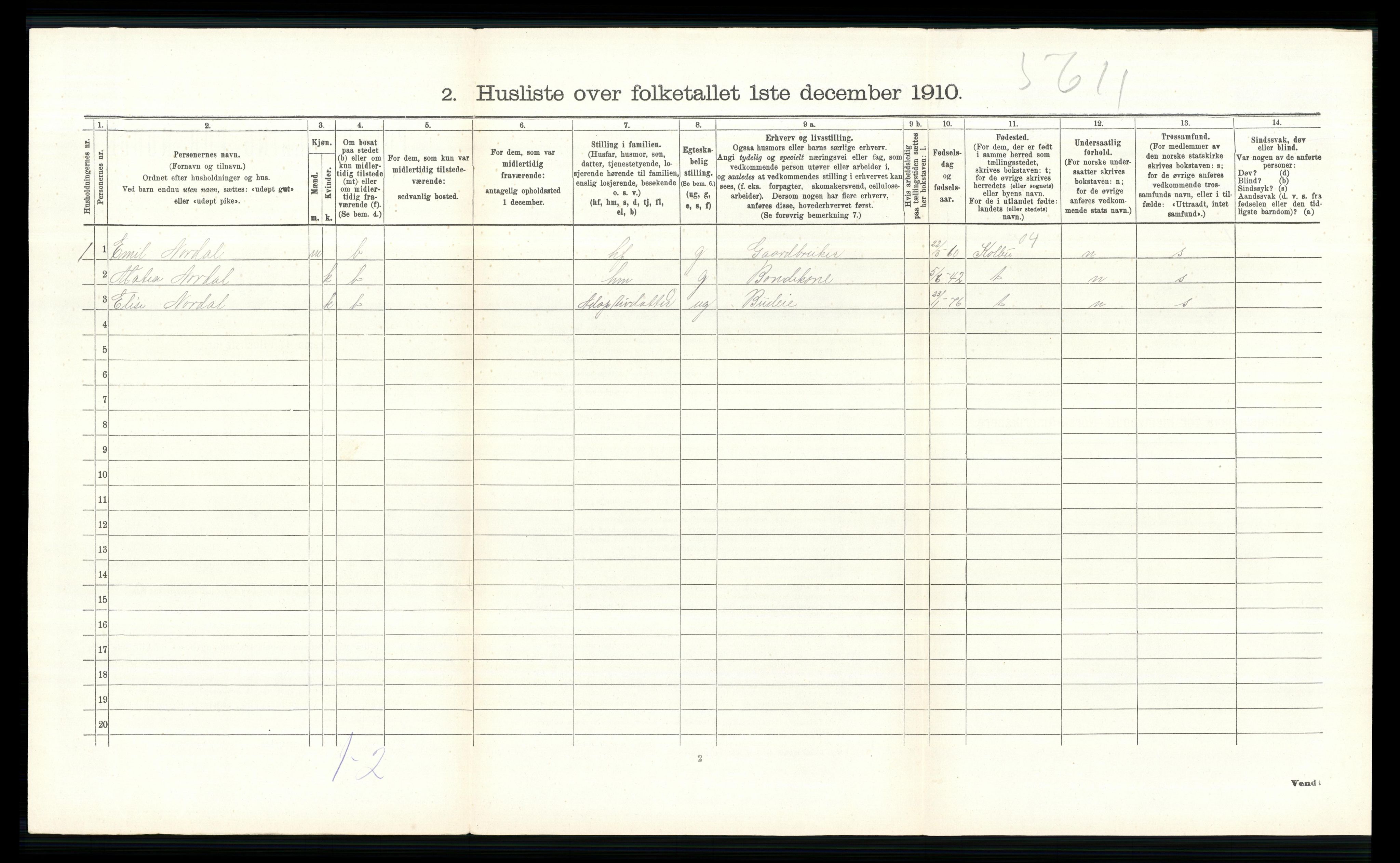 RA, 1910 census for Vestre Toten, 1910, p. 846