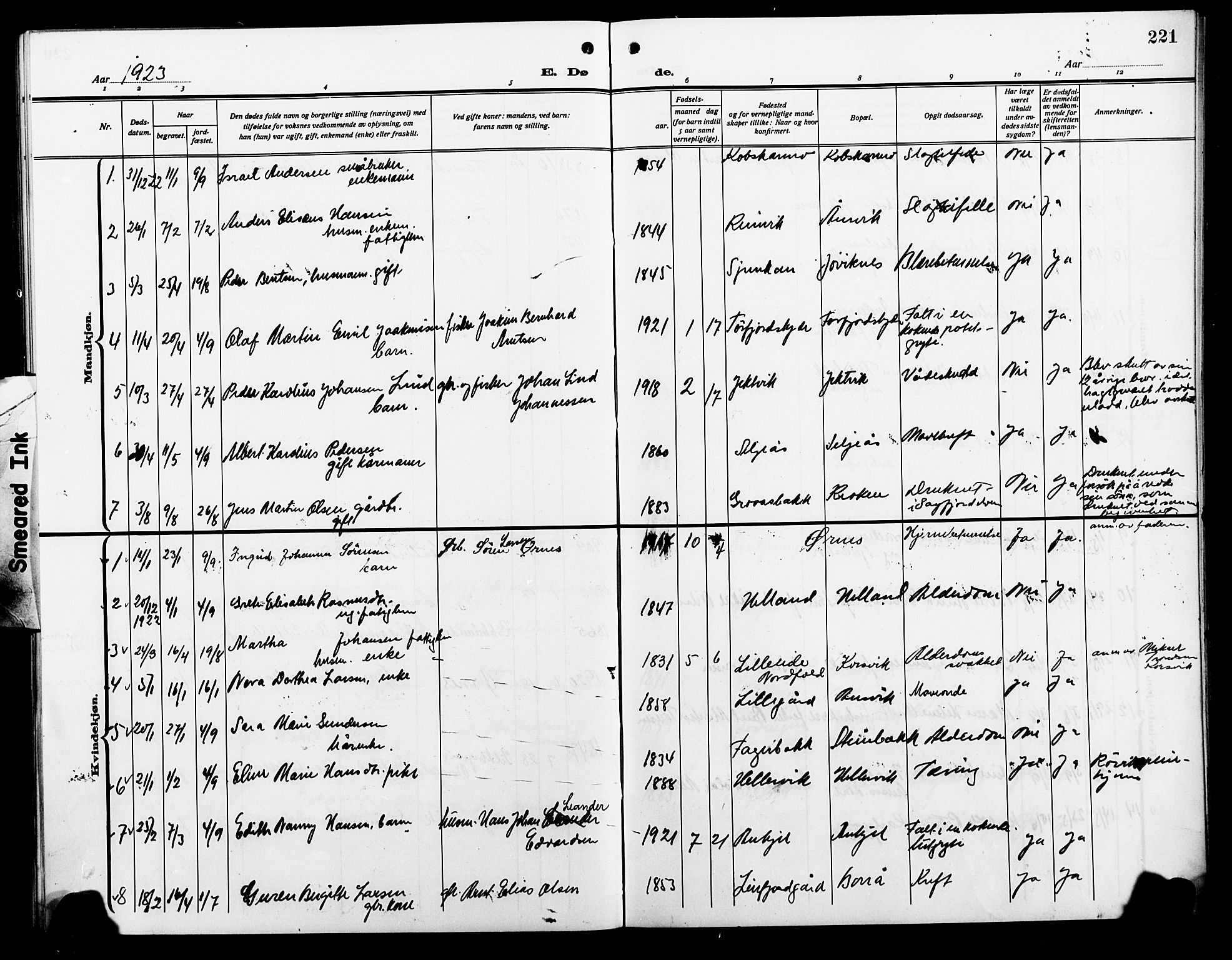 Ministerialprotokoller, klokkerbøker og fødselsregistre - Nordland, AV/SAT-A-1459/854/L0787: Parish register (copy) no. 854C03, 1913-1926, p. 221