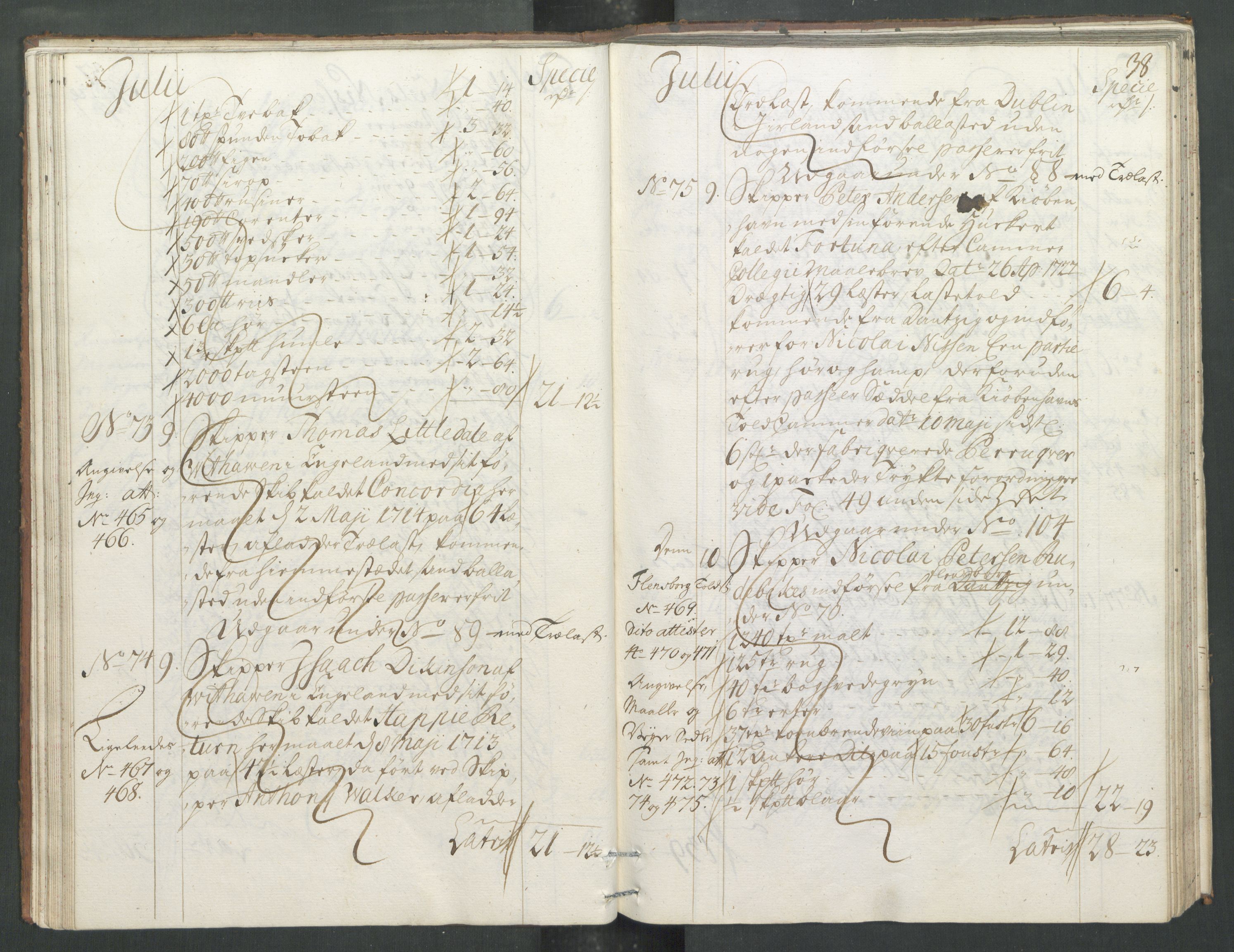 Generaltollkammeret, tollregnskaper, RA/EA-5490/R33/L0013/0001: Tollregnskaper Trondheim A / Inngående tollbok, 1731, p. 37b-38a