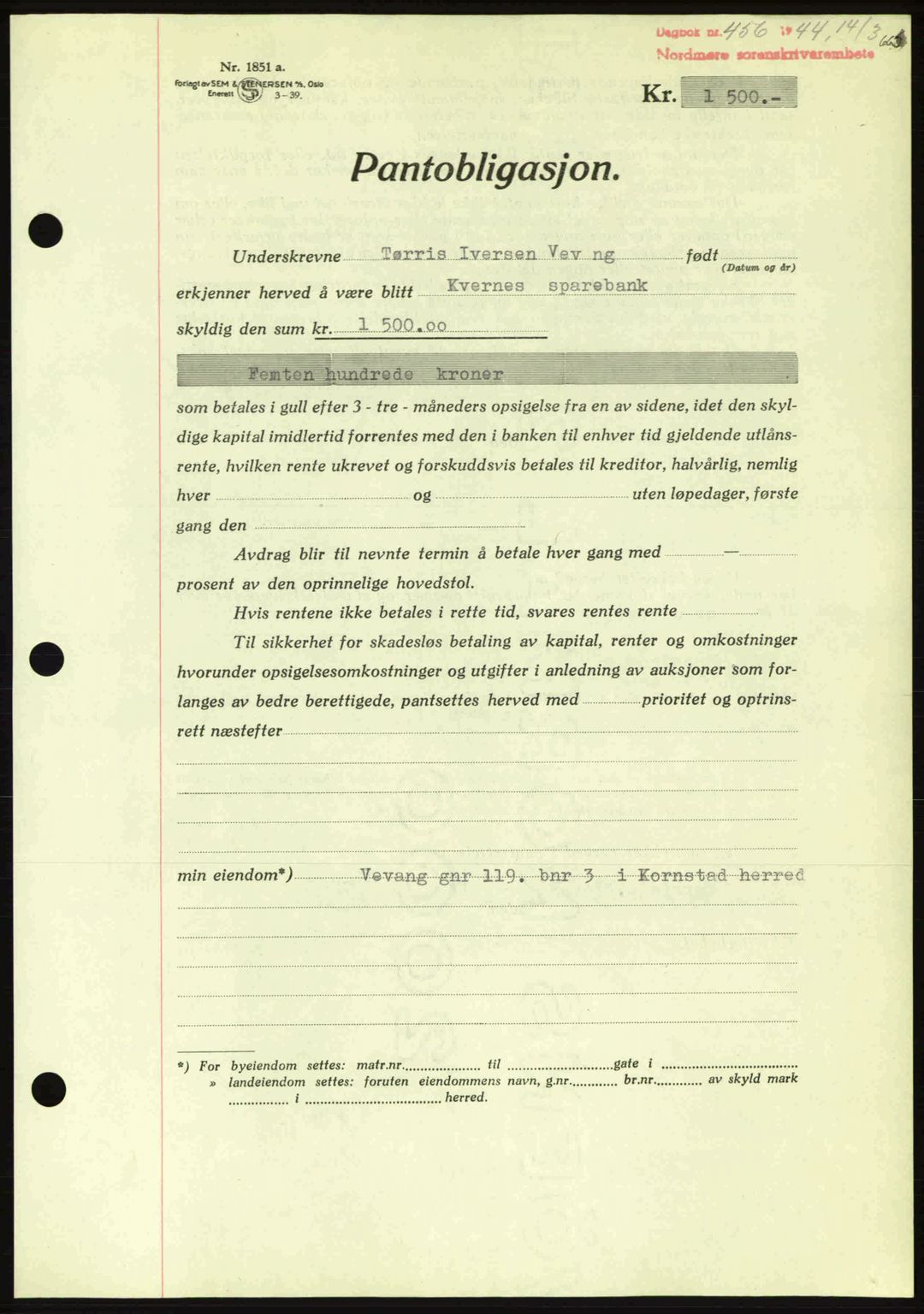 Nordmøre sorenskriveri, AV/SAT-A-4132/1/2/2Ca: Mortgage book no. B91, 1943-1944, Diary no: : 456/1944