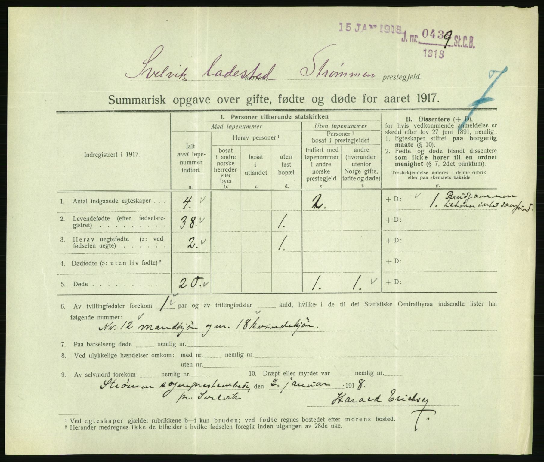 Statistisk sentralbyrå, Sosiodemografiske emner, Befolkning, RA/S-2228/D/Df/Dfb/Dfbg/L0056: Summariske oppgaver over gifte, fødte og døde for hele landet., 1917, p. 453