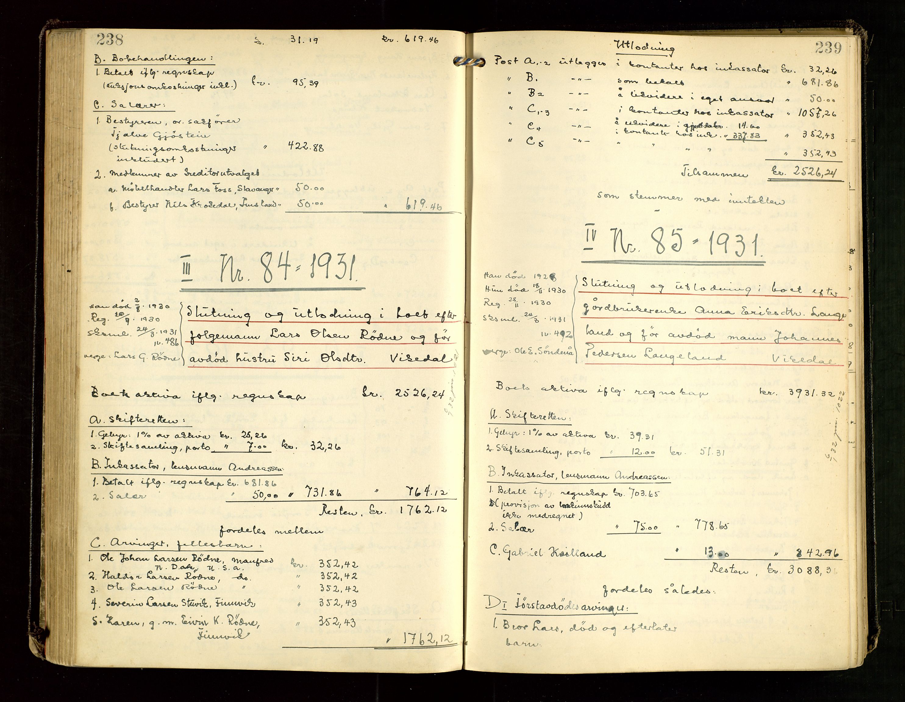 Ryfylke tingrett, AV/SAST-A-100055/001/IV/IVG/L0007: Skifteutlodningsprotokoll Med register, 1929-1933, p. 238-239