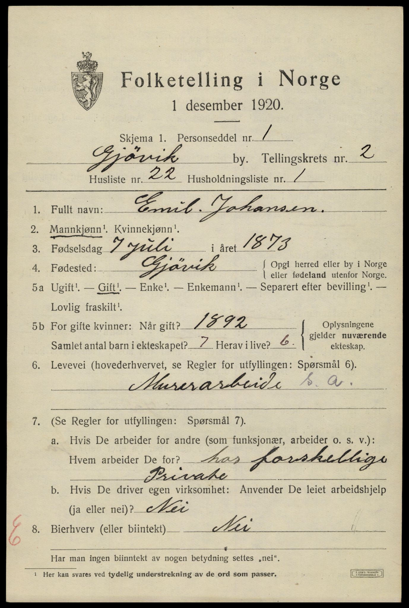 SAH, 1920 census for Gjøvik, 1920, p. 5096