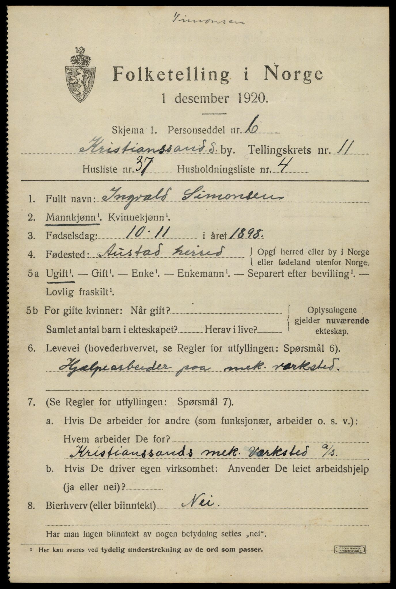 SAK, 1920 census for Kristiansand, 1920, p. 25357