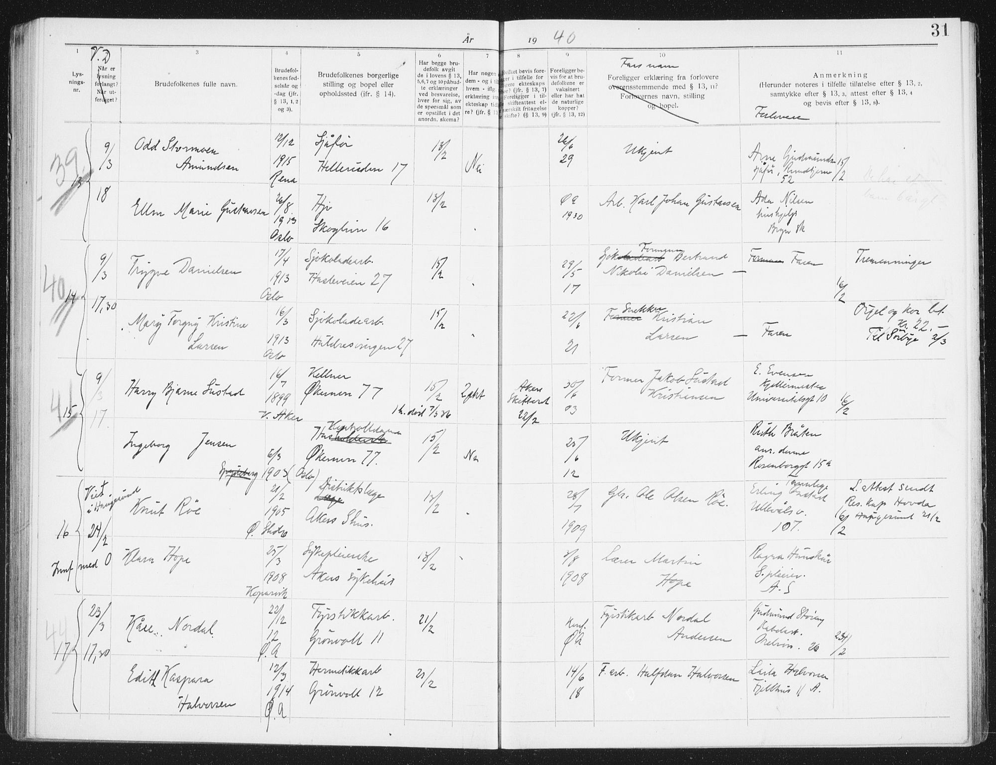 Østre Aker prestekontor Kirkebøker, AV/SAO-A-10840/H/Ha/L0009: Banns register no. I 9, 1939-1942, p. 31