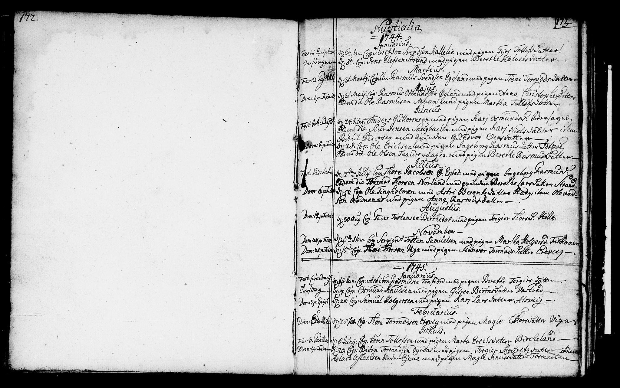 Strand sokneprestkontor, AV/SAST-A-101828/H/Ha/Haa/L0002: Parish register (official) no. A 2, 1744-1768, p. 172-173