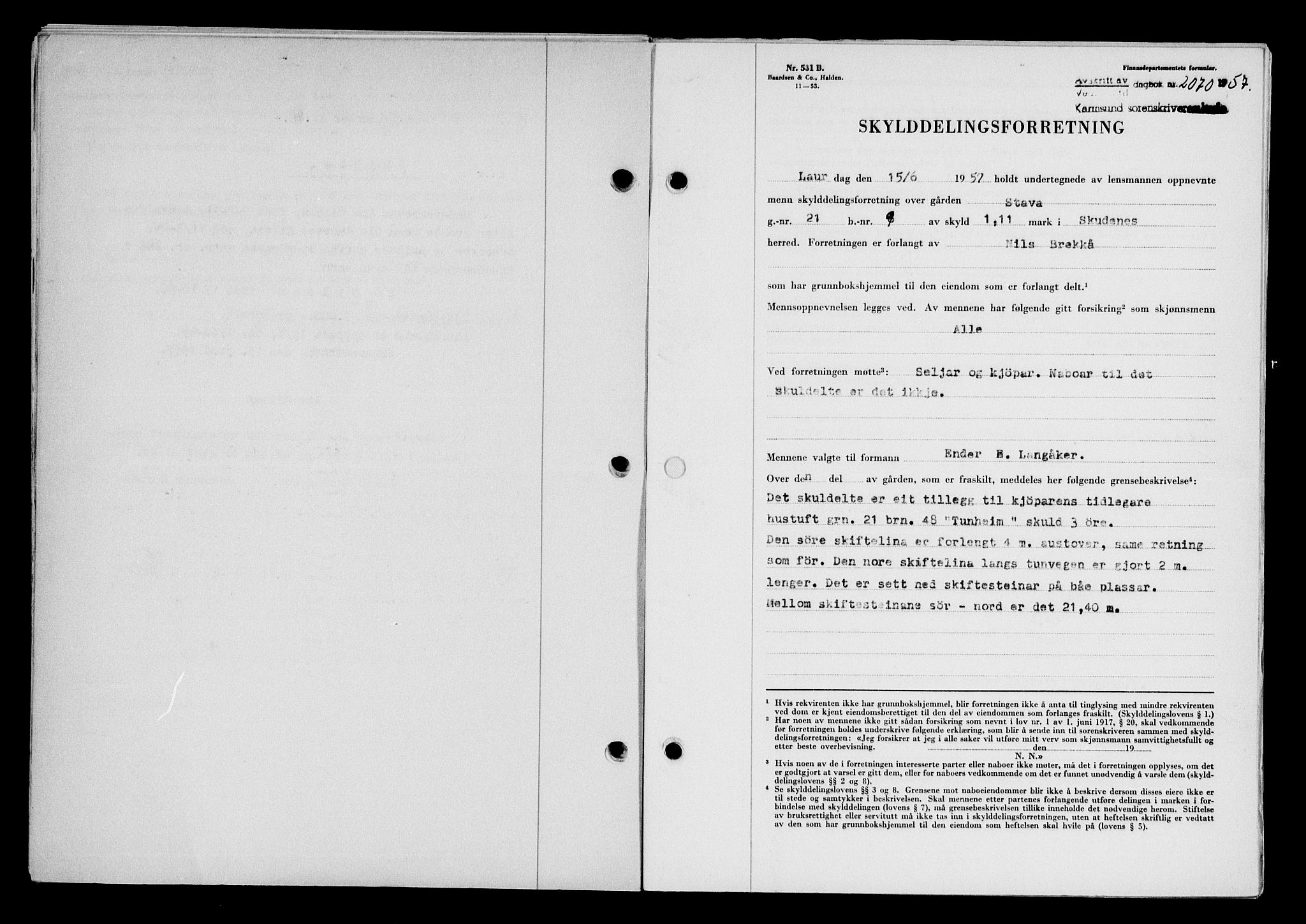 Karmsund sorenskriveri, AV/SAST-A-100311/01/II/IIB/L0125: Mortgage book no. 105A, 1957-1957, Diary no: : 2070/1957