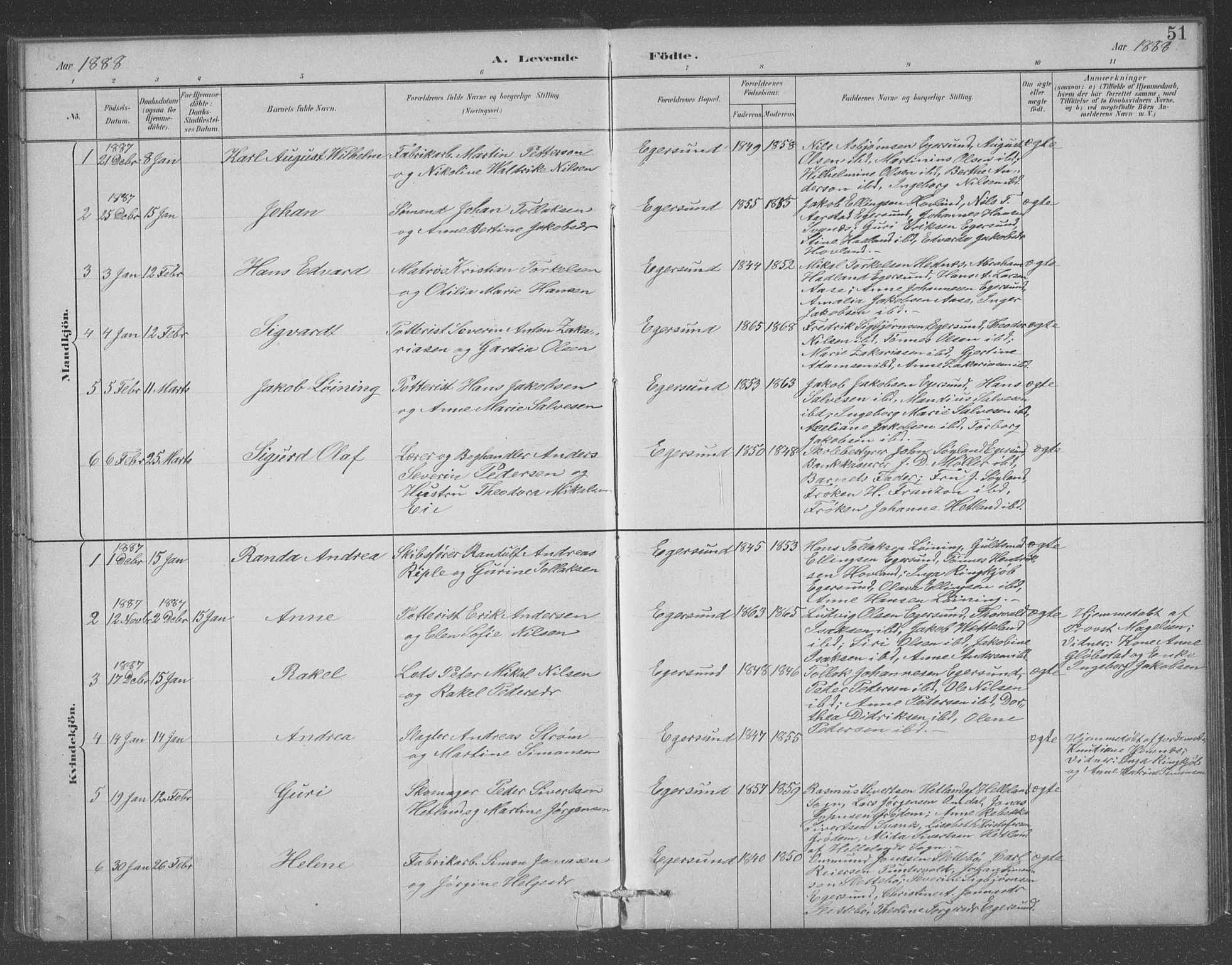 Eigersund sokneprestkontor, AV/SAST-A-101807/S09/L0008: Parish register (copy) no. B 8, 1882-1892, p. 51