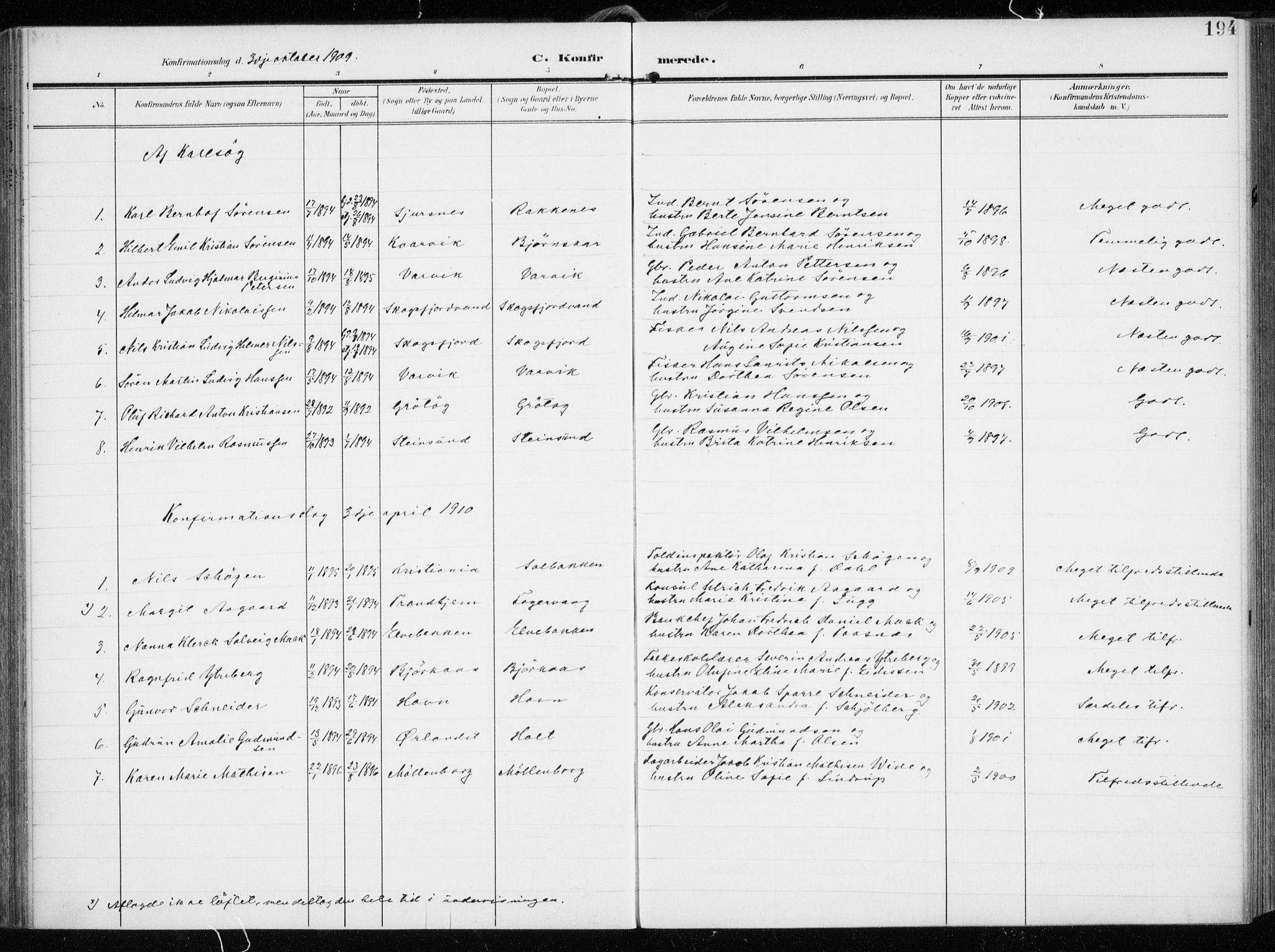 Tromsøysund sokneprestkontor, SATØ/S-1304/G/Ga/L0007kirke: Parish register (official) no. 7, 1907-1914, p. 194