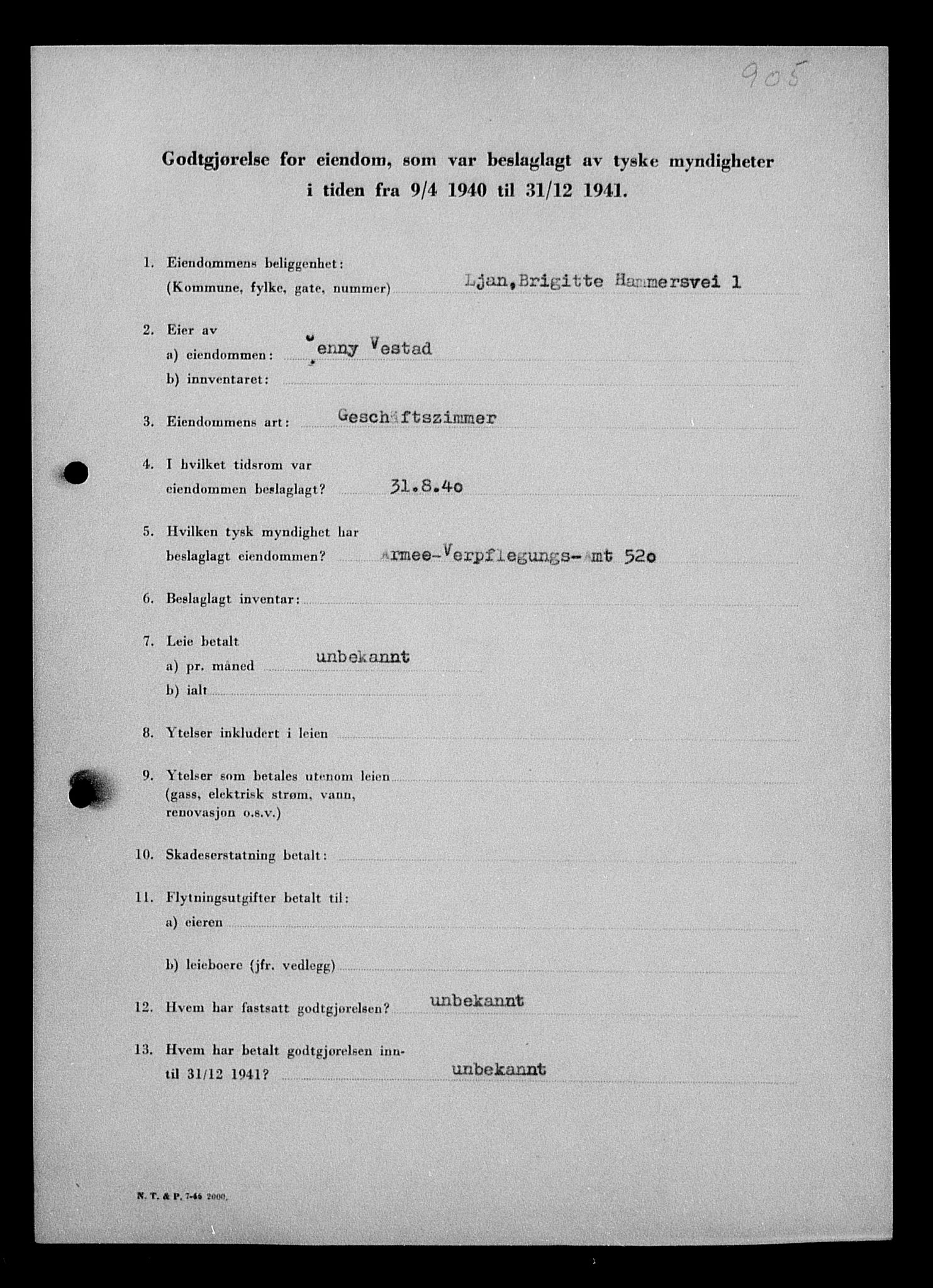 Justisdepartementet, Tilbakeføringskontoret for inndratte formuer, AV/RA-S-1564/I/L1010: Godtgjørelse for beslaglagt eiendom, 1940-1941, p. 142