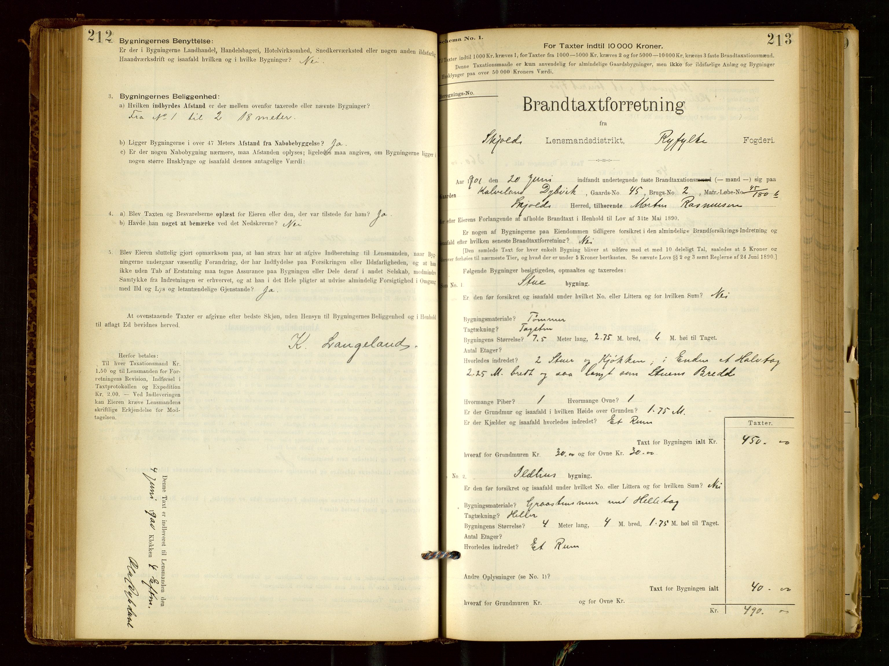 Skjold lensmannskontor, SAST/A-100182/Gob/L0001: "Brandtaxationsprotokol for Skjold Lensmandsdistrikt Ryfylke Fogderi", 1894-1939, p. 212-213