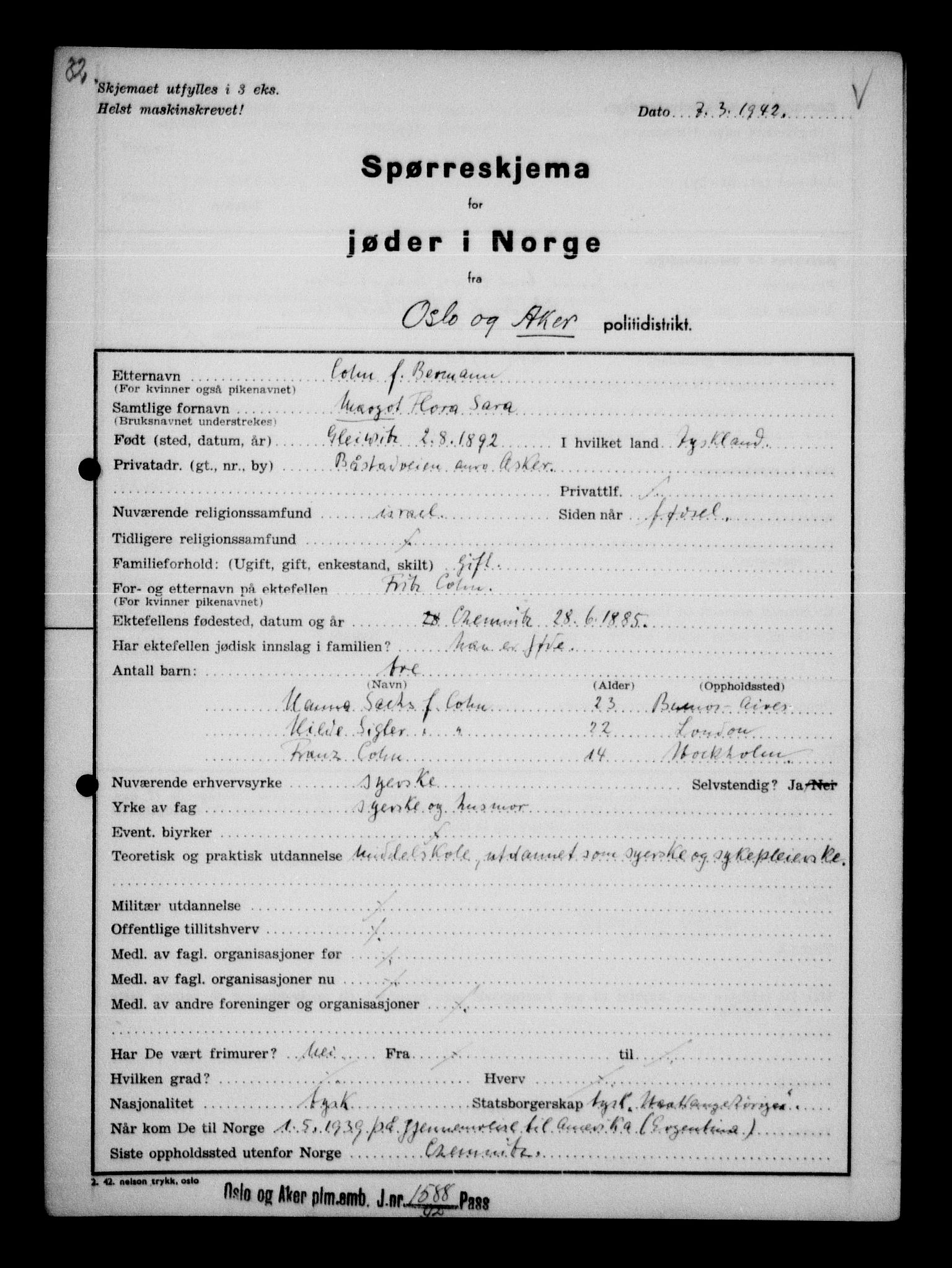 Statspolitiet - Hovedkontoret / Osloavdelingen, AV/RA-S-1329/G/Ga/L0011: Spørreskjema for jøder i Norge. 1: Oslo 610-806 (Plavnik-Zwillinger). 2: Aker 1-113 (Adler-Lewin). , 1942, p. 681