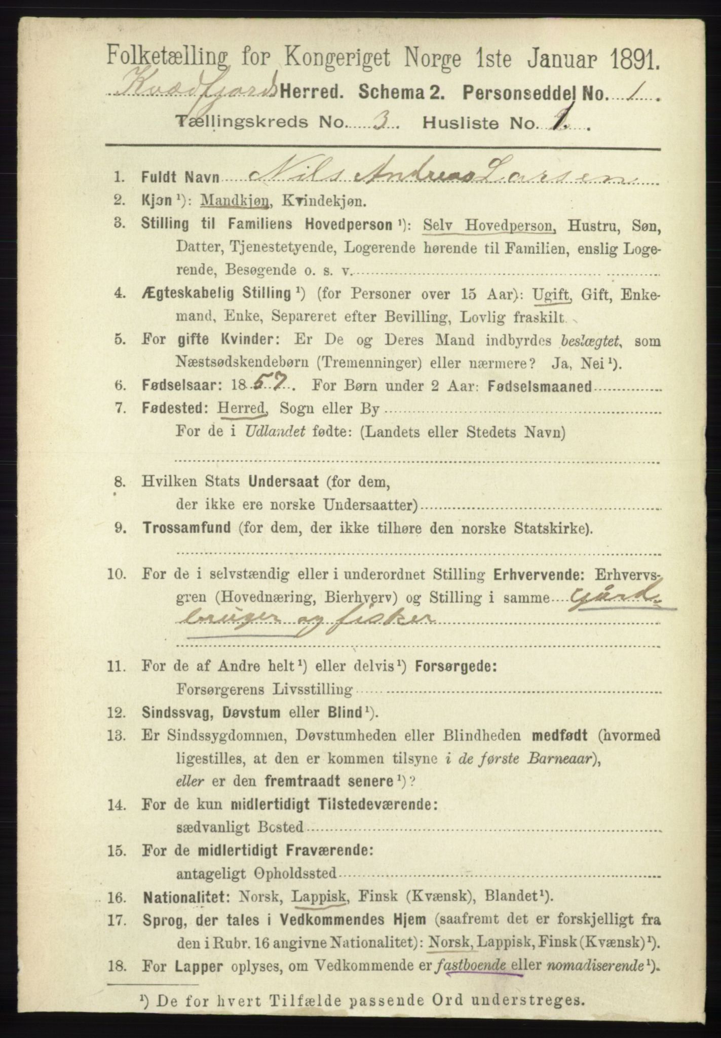 RA, 1891 census for 1911 Kvæfjord, 1891, p. 1301