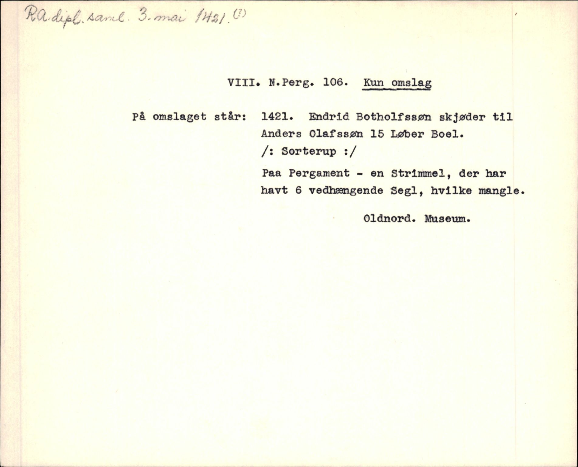 Riksarkivets diplomsamling, AV/RA-EA-5965/F35/F35f/L0003: Regestsedler: Diplomer fra DRA 1937 og 1996, p. 249