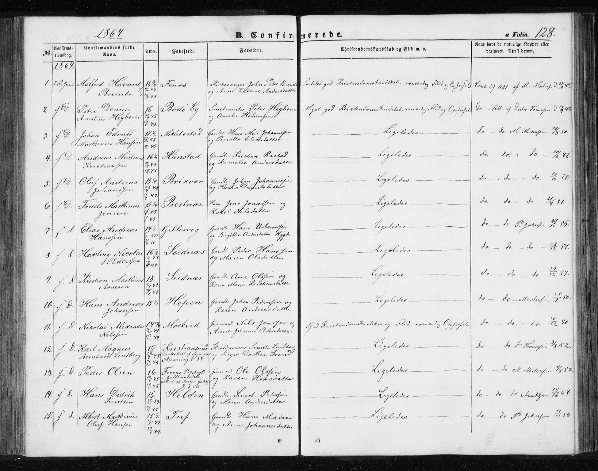Ministerialprotokoller, klokkerbøker og fødselsregistre - Nordland, SAT/A-1459/801/L0028: Parish register (copy) no. 801C03, 1855-1867, p. 128
