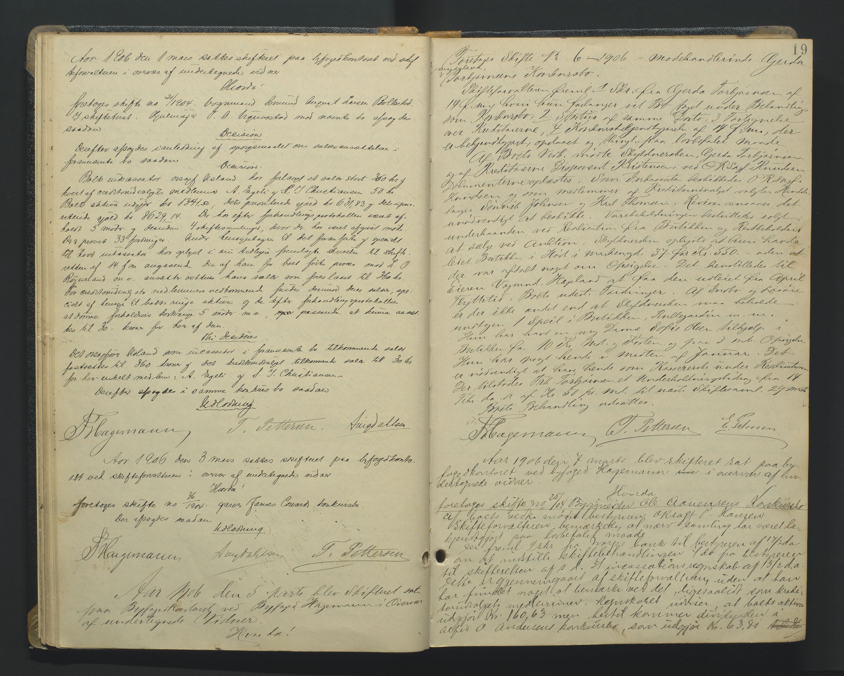 Kristiansand byrett, AV/SAK-1223-0001/H/Hc/L0048: Skifteforhandlingsprotokoll nr. 8, med register, 1905-1913, p. 19