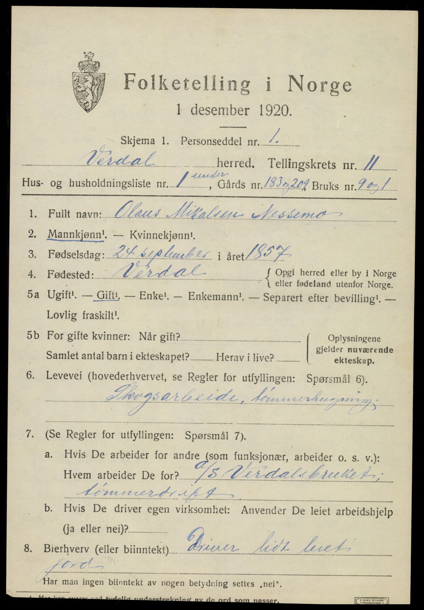 SAT, 1920 census for Verdal, 1920, p. 12803