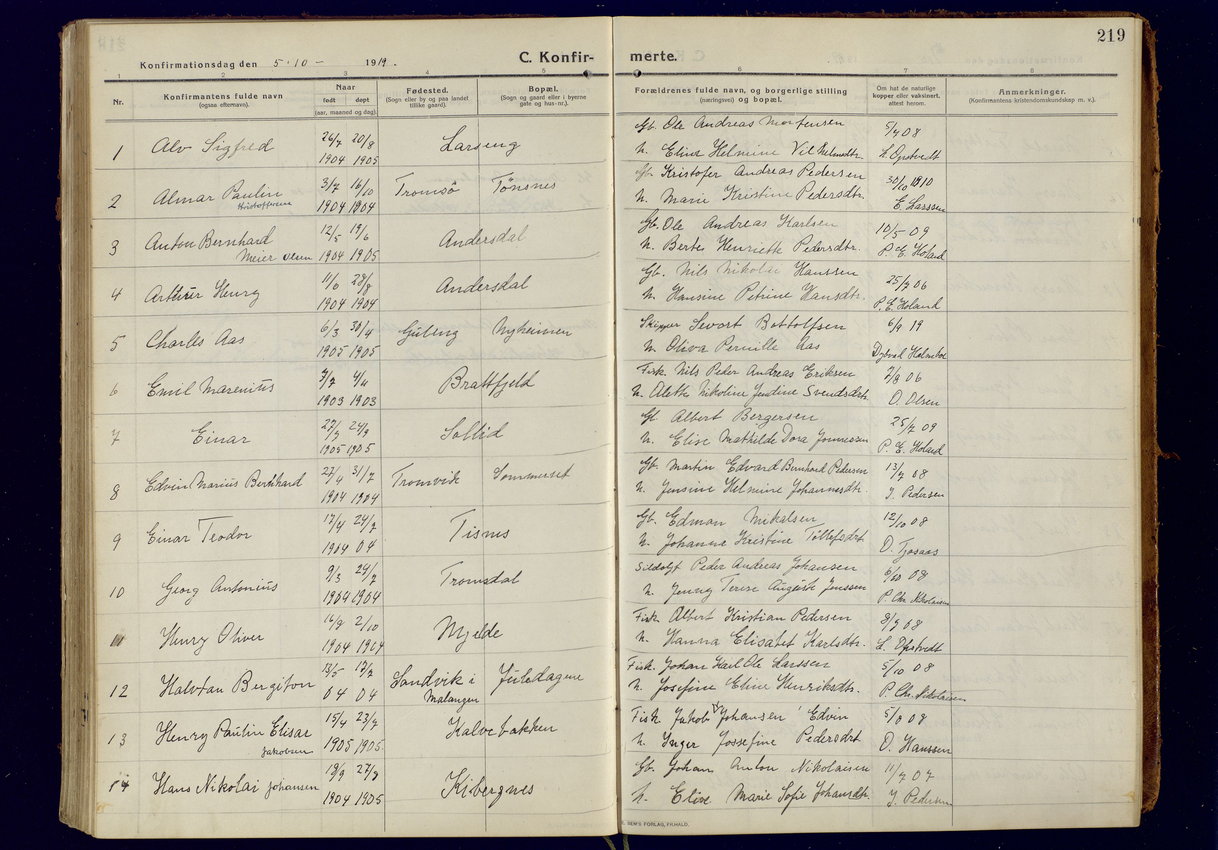 Tromsøysund sokneprestkontor, AV/SATØ-S-1304/G/Ga/L0008kirke: Parish register (official) no. 8, 1914-1922, p. 219