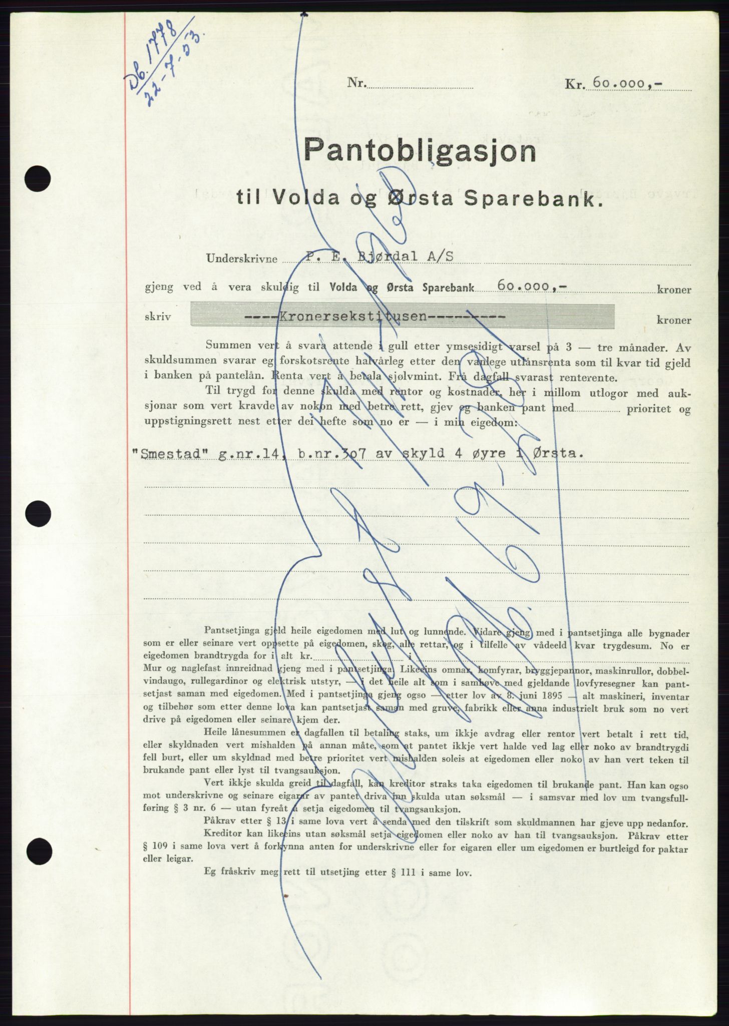 Søre Sunnmøre sorenskriveri, AV/SAT-A-4122/1/2/2C/L0123: Mortgage book no. 11B, 1953-1953, Diary no: : 1778/1953