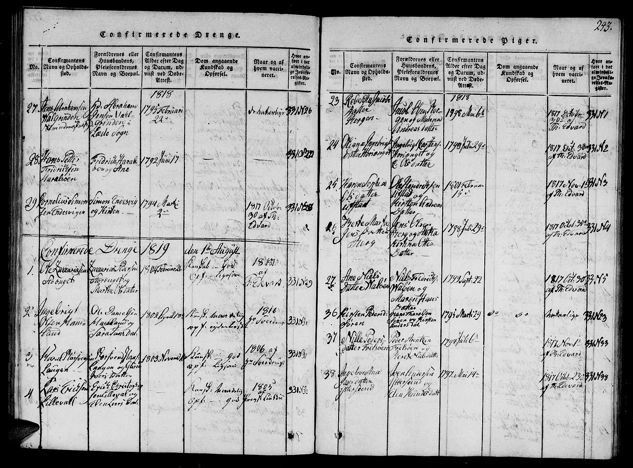 Ministerialprotokoller, klokkerbøker og fødselsregistre - Nord-Trøndelag, AV/SAT-A-1458/784/L0679: Parish register (copy) no. 784C01 /1, 1816-1822, p. 243
